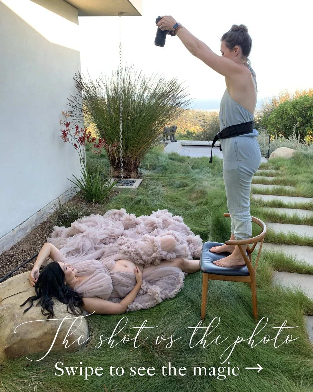 The shot vs the photo. 📸⁠
⁠
Sometimes creating the image means climbing on chairs, laying in grass, adjusting angles a dozen times, and chasing the light until everything finally lines up.⁠
⁠
What you see in the finished portrait looks effortless &m