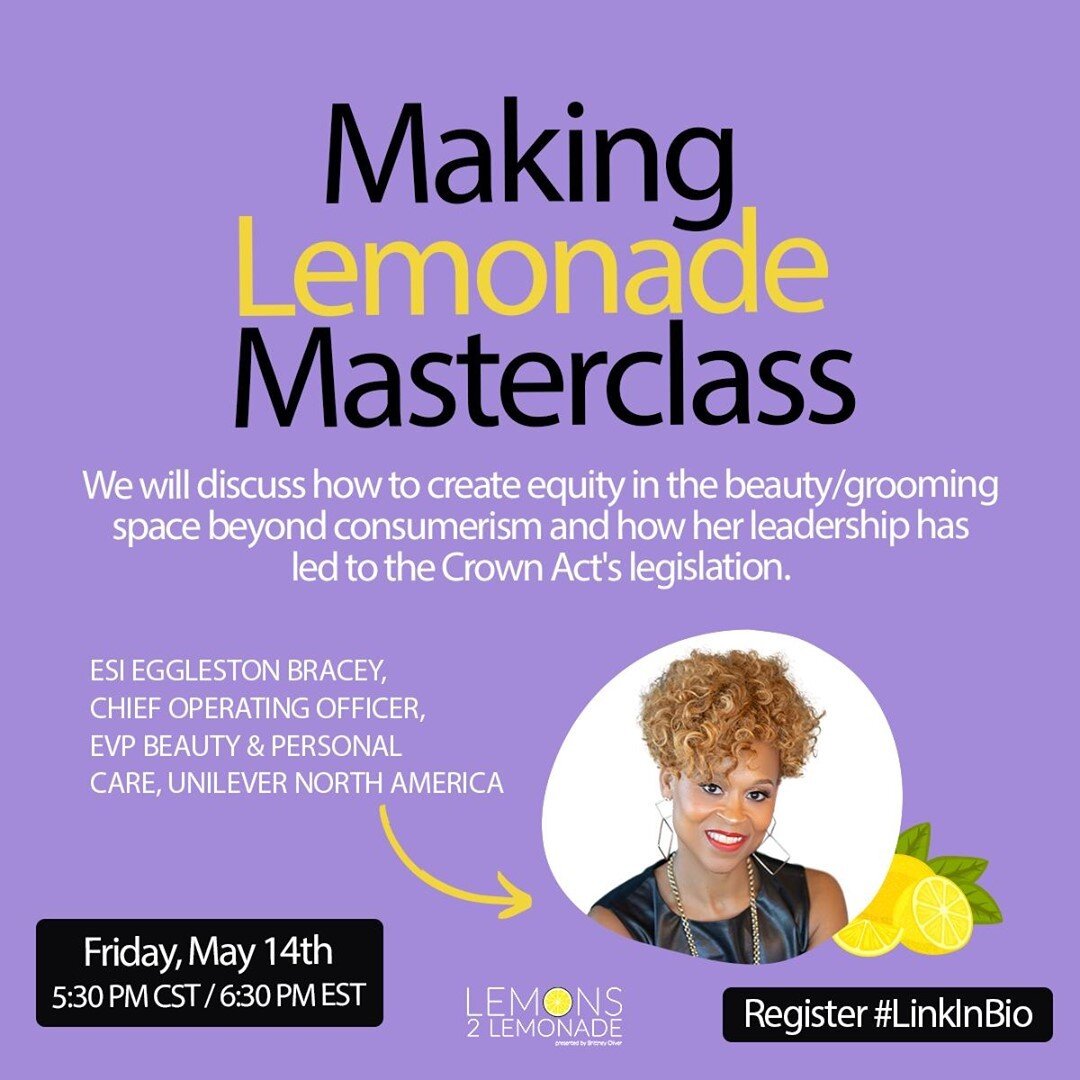 Black women are 1.5 times more likely to be sent home from the workplace because of their hair. Esi Eggleston Bracey (@eebracey) is a leading the way with removing hair discrimination in the workplace with the #CrownAct.

In our next #L2LMasterclass,