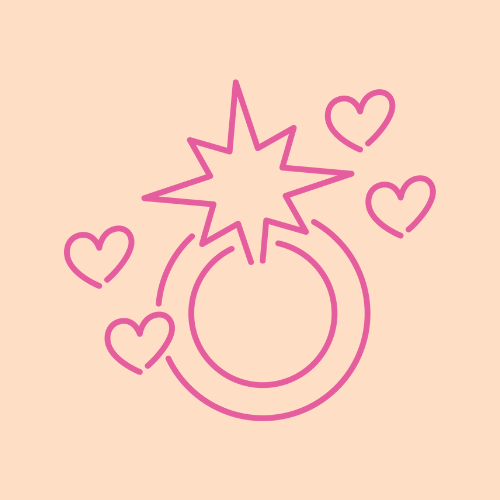 Pink outline illustration of a ring with a large sparkling burst and four hearts around it on a beige background.