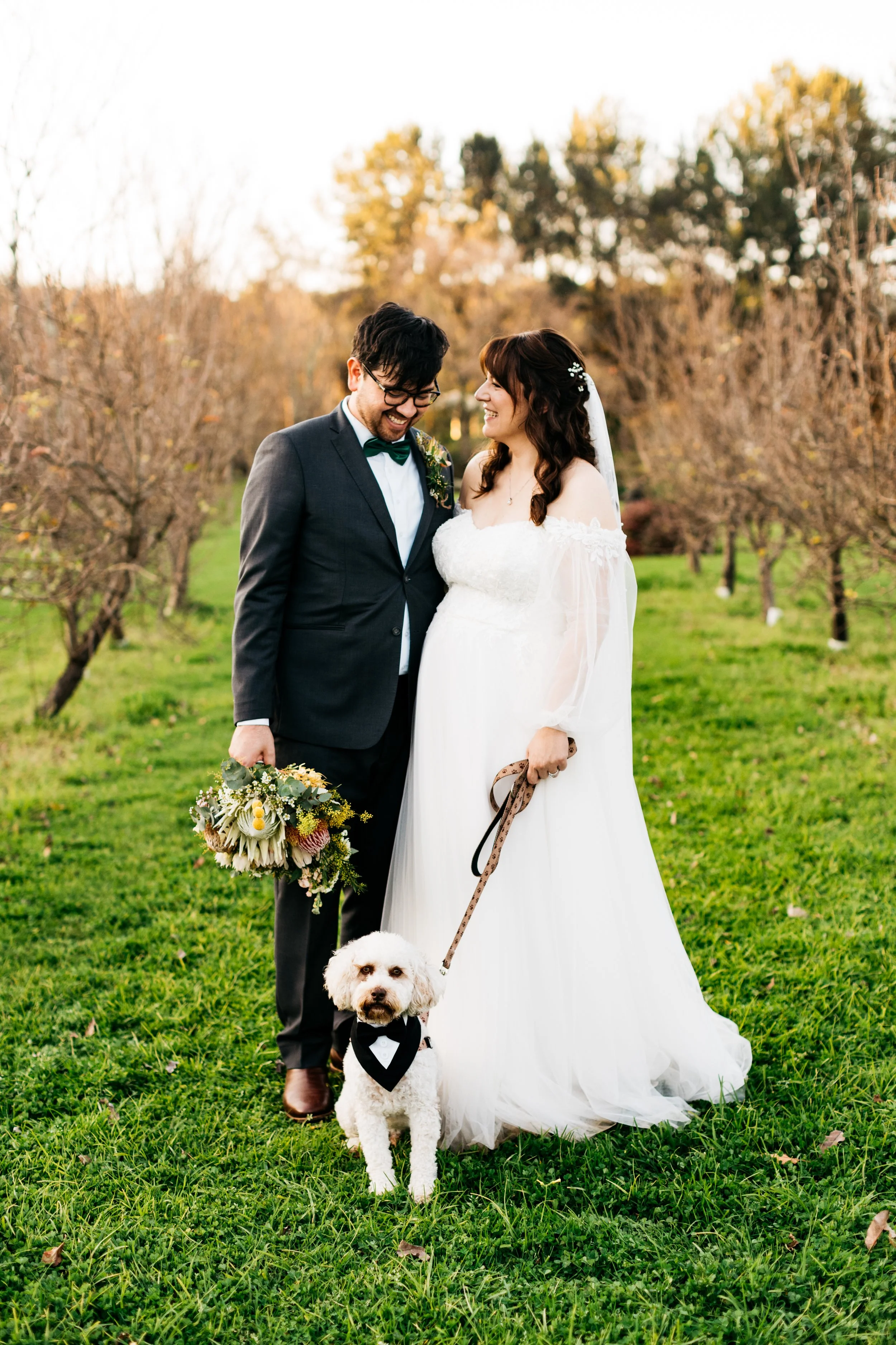 A bride and groom stand outdoors on a grassy field celebrating their wedding, with the bride holding a leash attached to a cute white dog dressed in a tuxedo, and the groom holding a bouquet of flowers. They are smiling at each other warmly.
