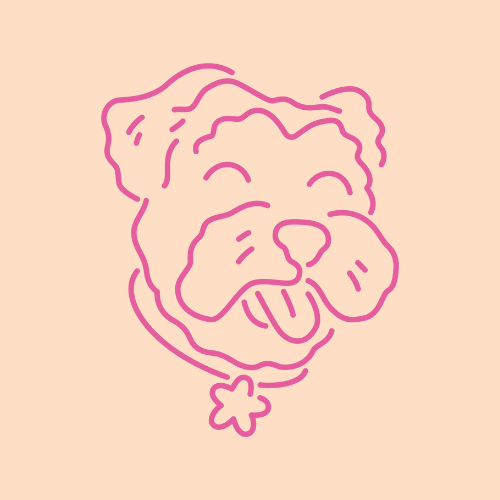 Line drawing of a happy dog with a collar and a flower-shaped tag.