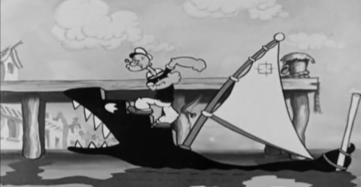 Popeye Cartoon Panel 2: The whale is fully rigid as it supports Popeye as he ascends to the dock.