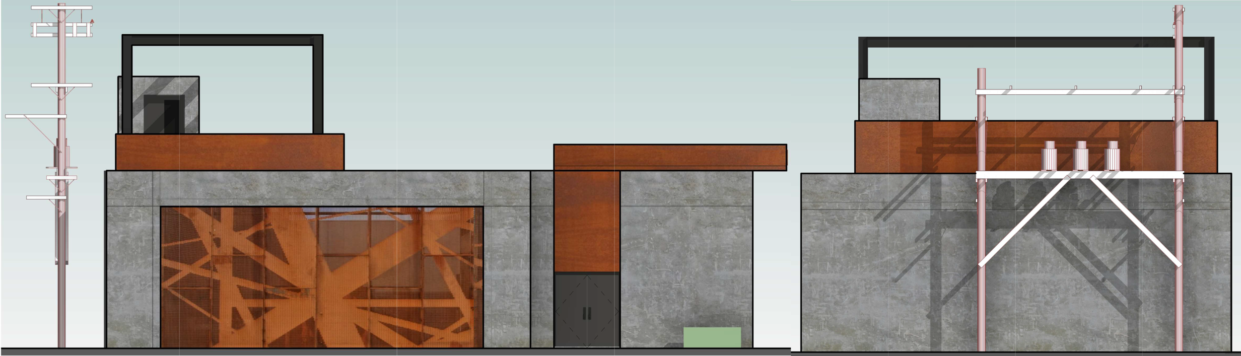 Northwest and Northeast Elevation showing the industrial materials such as concrete, steel, and the Corten oxidized steel fence specifically chosen as to ward off graffiti which is prominent in the Barrio Logan District