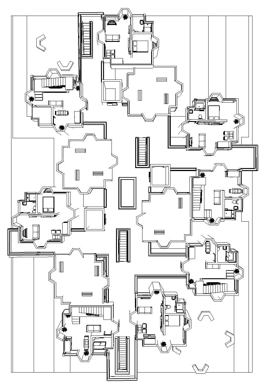 Second Floor plan of 4 one bedroom apartments connecting the community deck to private rooftops