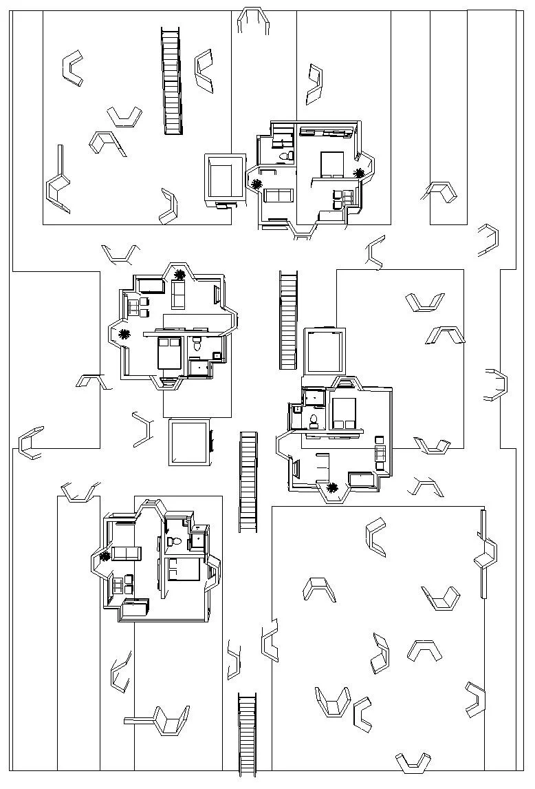 First Floor plan of 4 ground level studio apartments and the public community space
