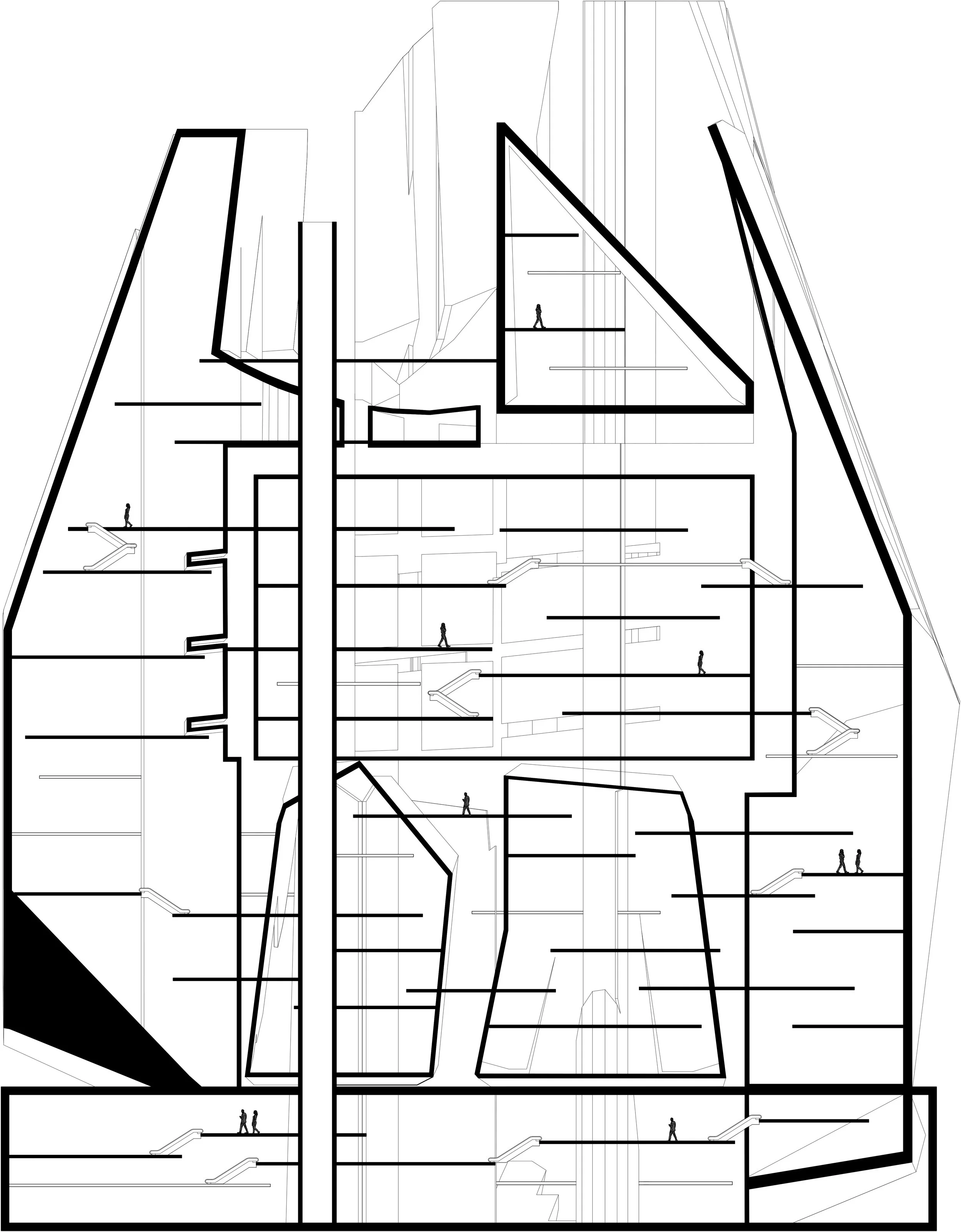 Section showcasing the exploration between the sectional objects and natural voids based off the natural geometry of the mass