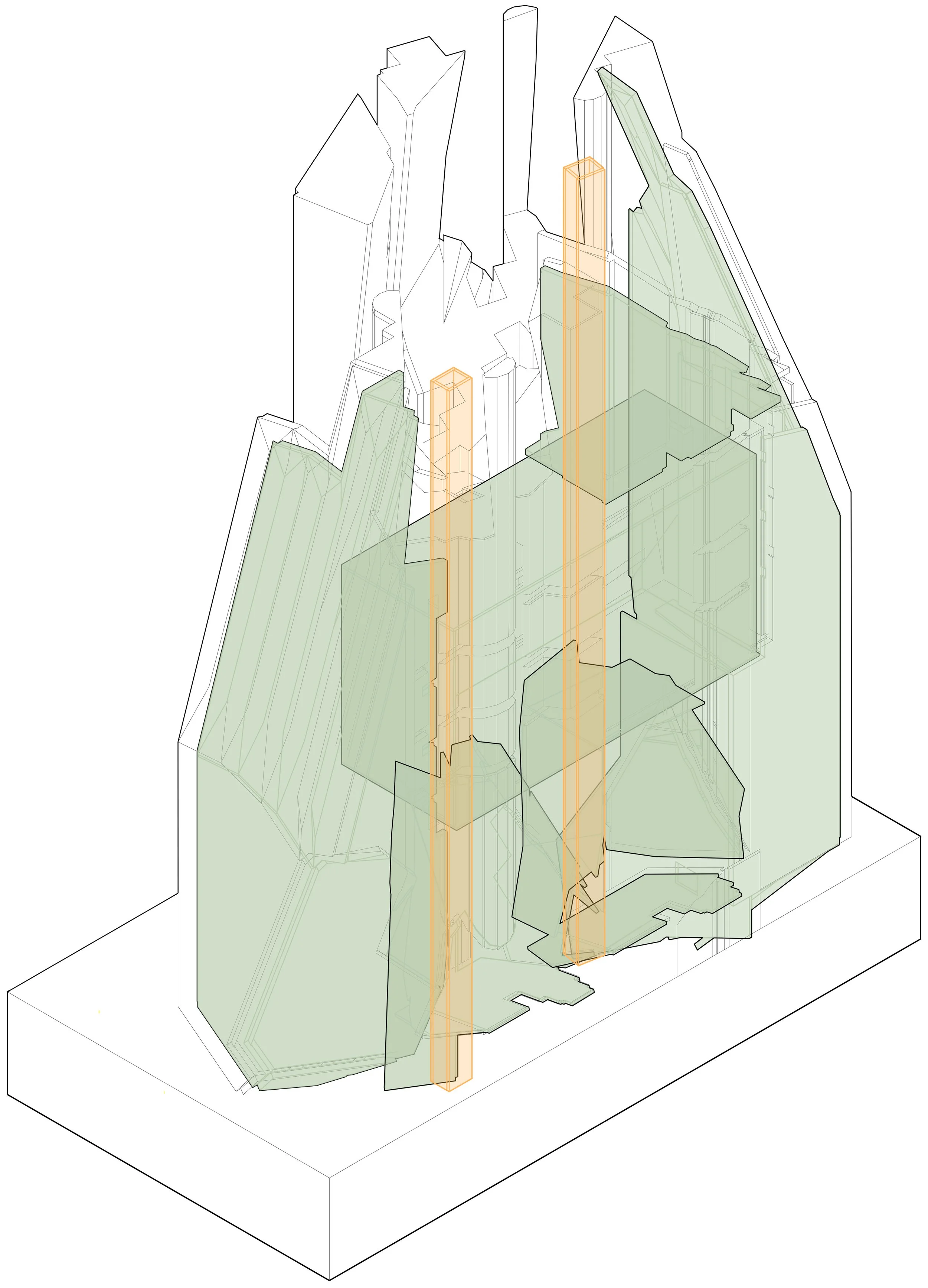 Axonometric showcasing sectional objects (green) and vertical circulation (orange)