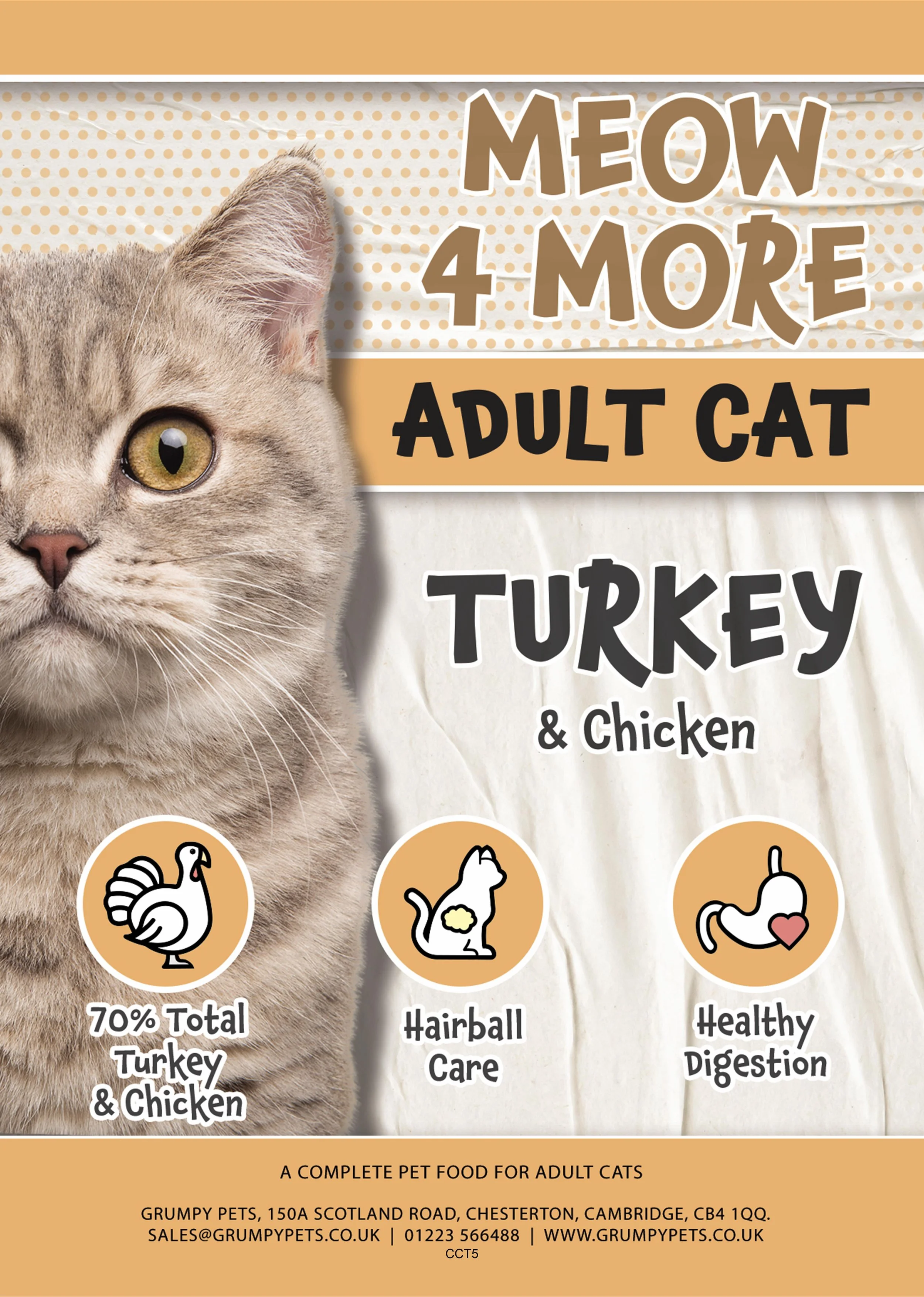 Cat food packaging design for "Meow 4 More," featuring a close-up of a cat's eye and text highlighting turkey and chicken ingredients, with nutritional information about freshness and urinary tract health, intended for adult cats.