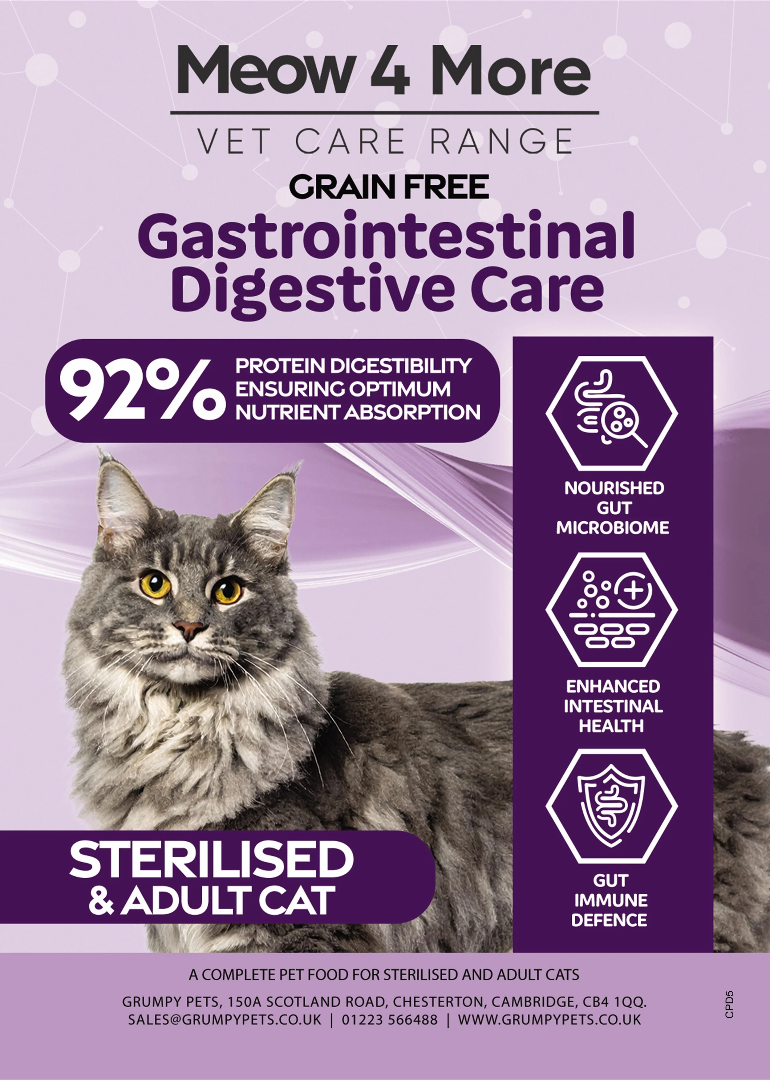 Cat food advertisement titled 'Meow 4 More' featuring salmon and white fish for sterilized adult cats. Highlights include 70% total salmon and white fish, 30% freshly prepared, urinary tract health, and company details for Grumpys Pets.