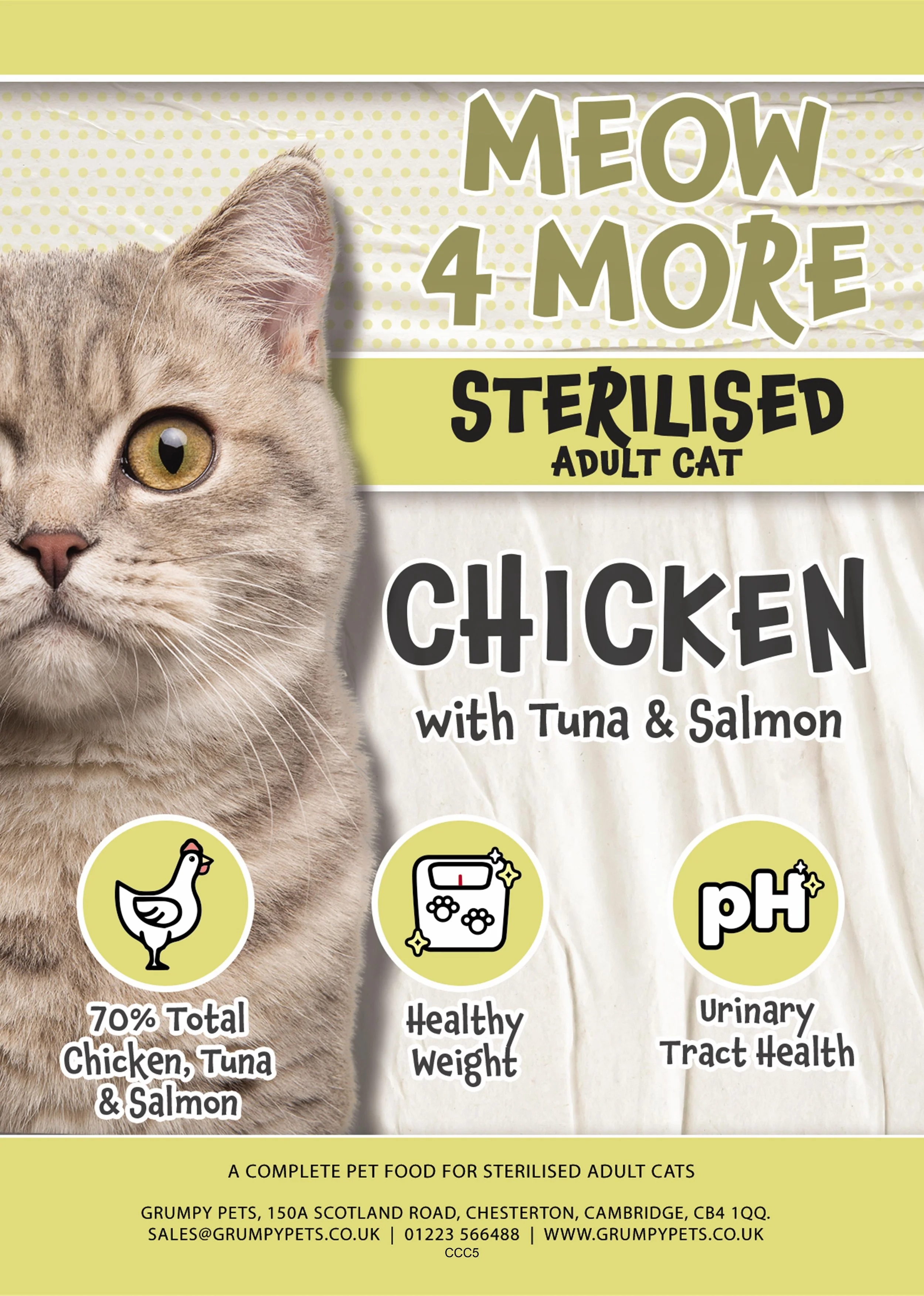 Cat food package for Meow 4 More, Chicken with Tuna and Salmon flavor for sterilized adult cats, featuring nutritional details and health benefits.