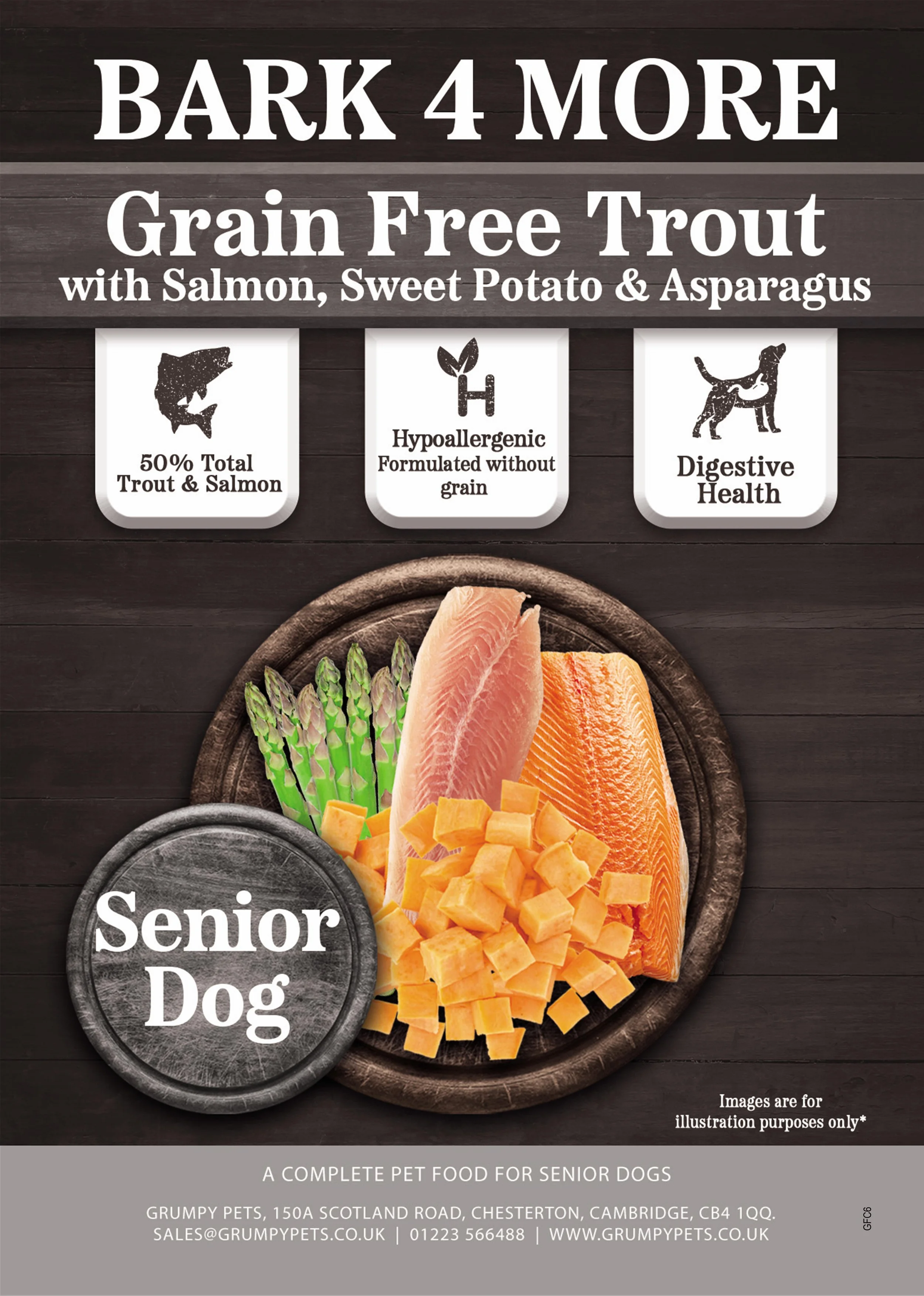 Label for "Bark 4 More" senior dog food featuring trout, salmon, sweet potato, and asparagus. Highlights include 50% trout and salmon, added Omega 3 for skin and coat health, no artificial colors or preservatives, and rosemary extract as a preservative.