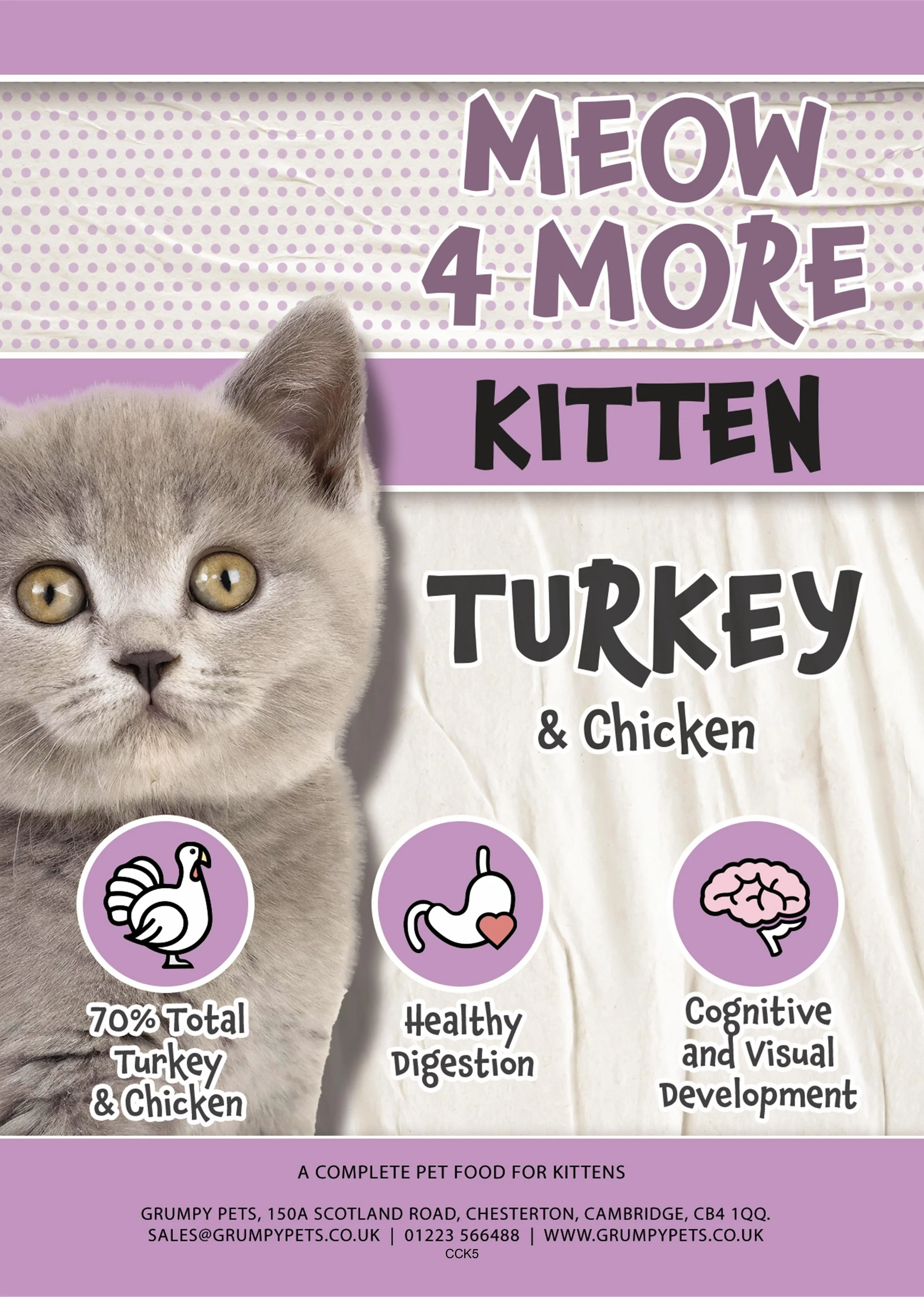Advertisement for "Meow 4 More" kitten food with turkey and chicken, highlighting 70% total turkey & chicken, 30% freshly prepared ingredients, and urinary tract health benefits. Features a cat illustration and contact information for Grumpys Pets in Cambridge.
