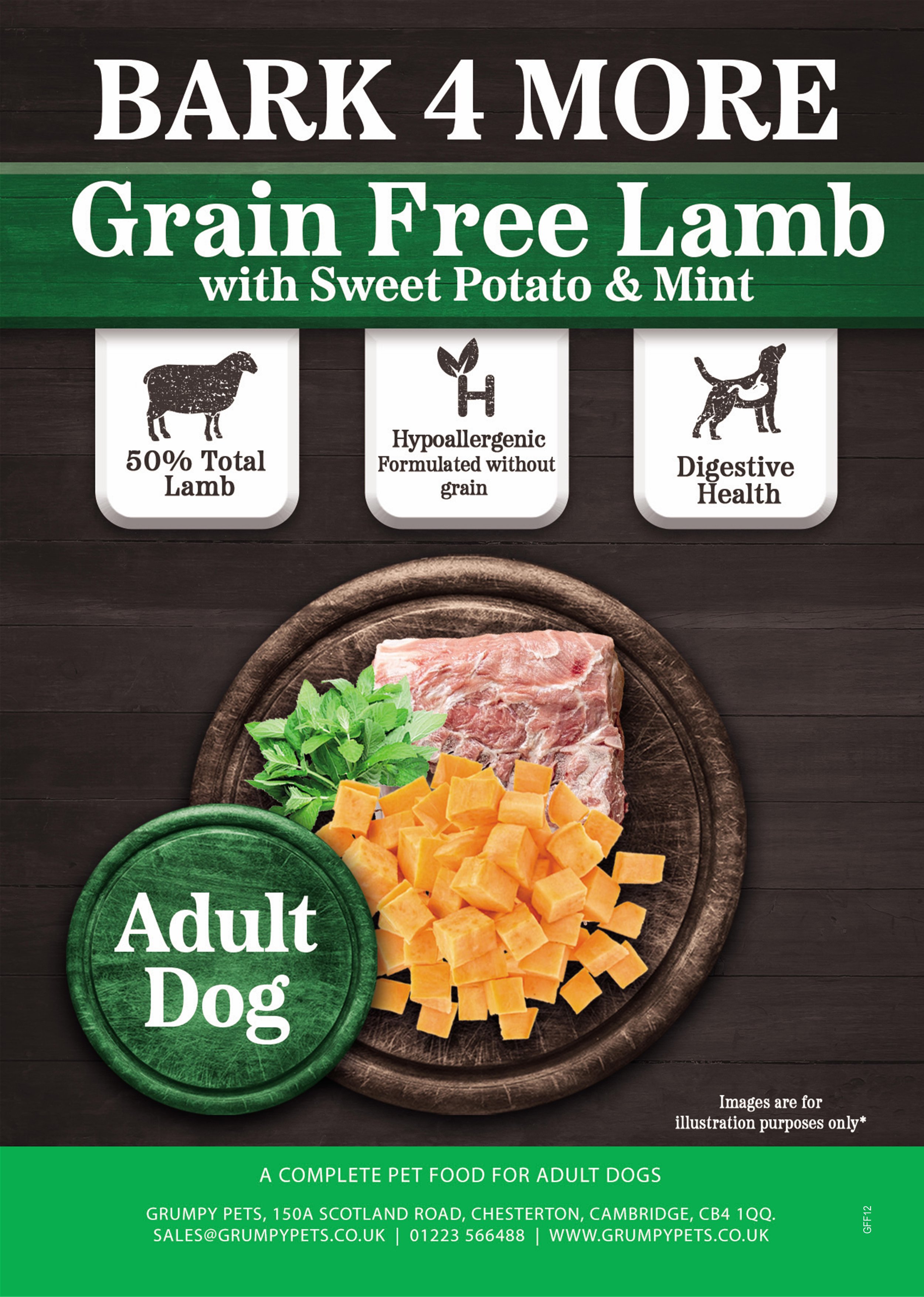 Dog food packaging for 'Bark 4 More,' featuring lamb with sweet potato and mint. Highlights include 50% lamb content, Omega 3 supplement, no artificial colors or preservatives, and natural preservation with rosemary extract. Targeted for adult dogs.