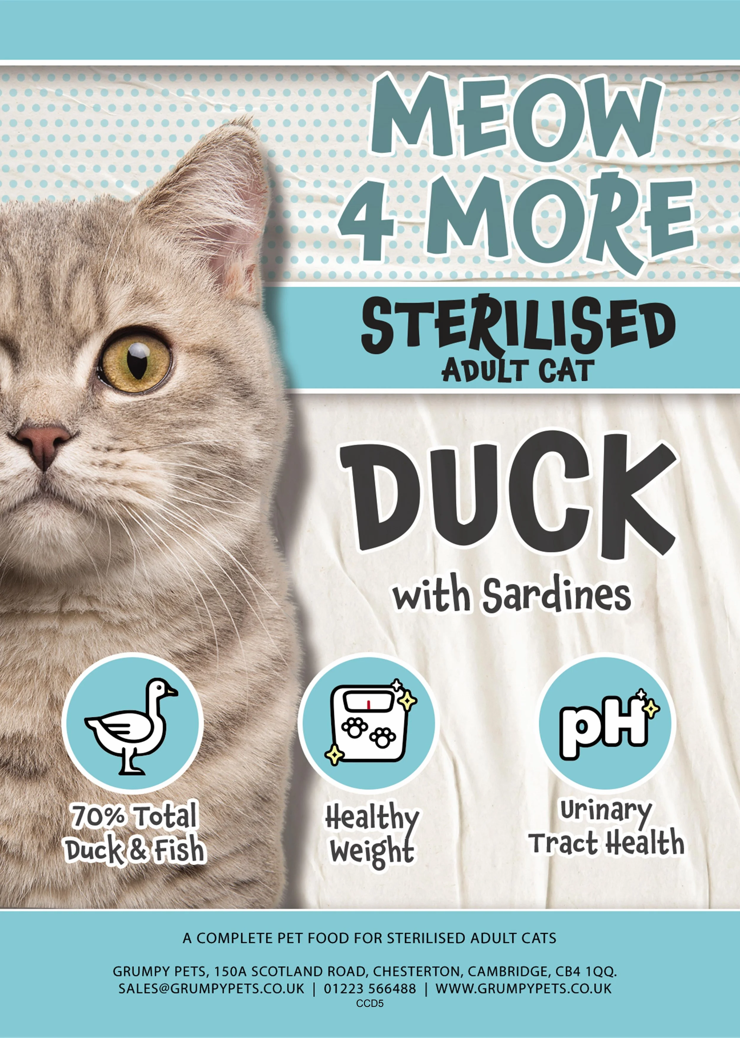 Grumpy's Pets cat food packaging for sterilized adult cats, featuring a grey cat with blue eyes. The food is 70% duck with sardines, 30% freshly prepared, and supports urinary tract health.