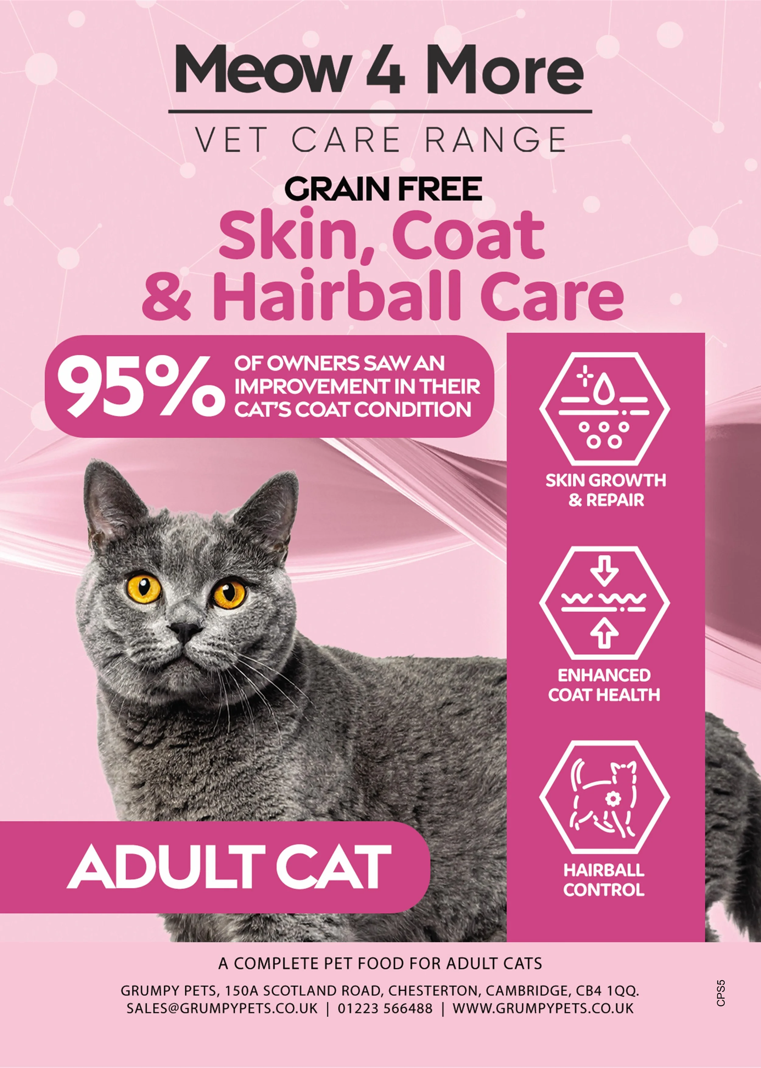 Grumpy's Pets cat food packaging for sterilized adult cats, featuring a grey cat with blue eyes. The food is 70% duck with sardines, 30% freshly prepared, and supports urinary tract health.