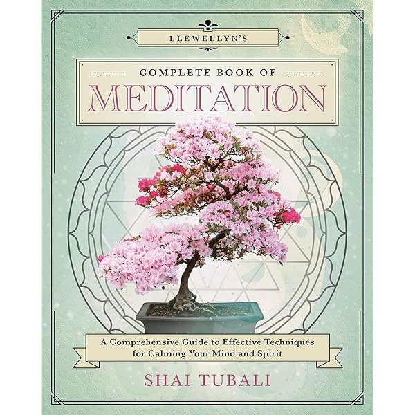 Book cover titled "Complete Book of Meditation" by Shai Tubali, featuring a bonsai tree with pink blossoms in a rectangular pot on a green background with geometric designs.