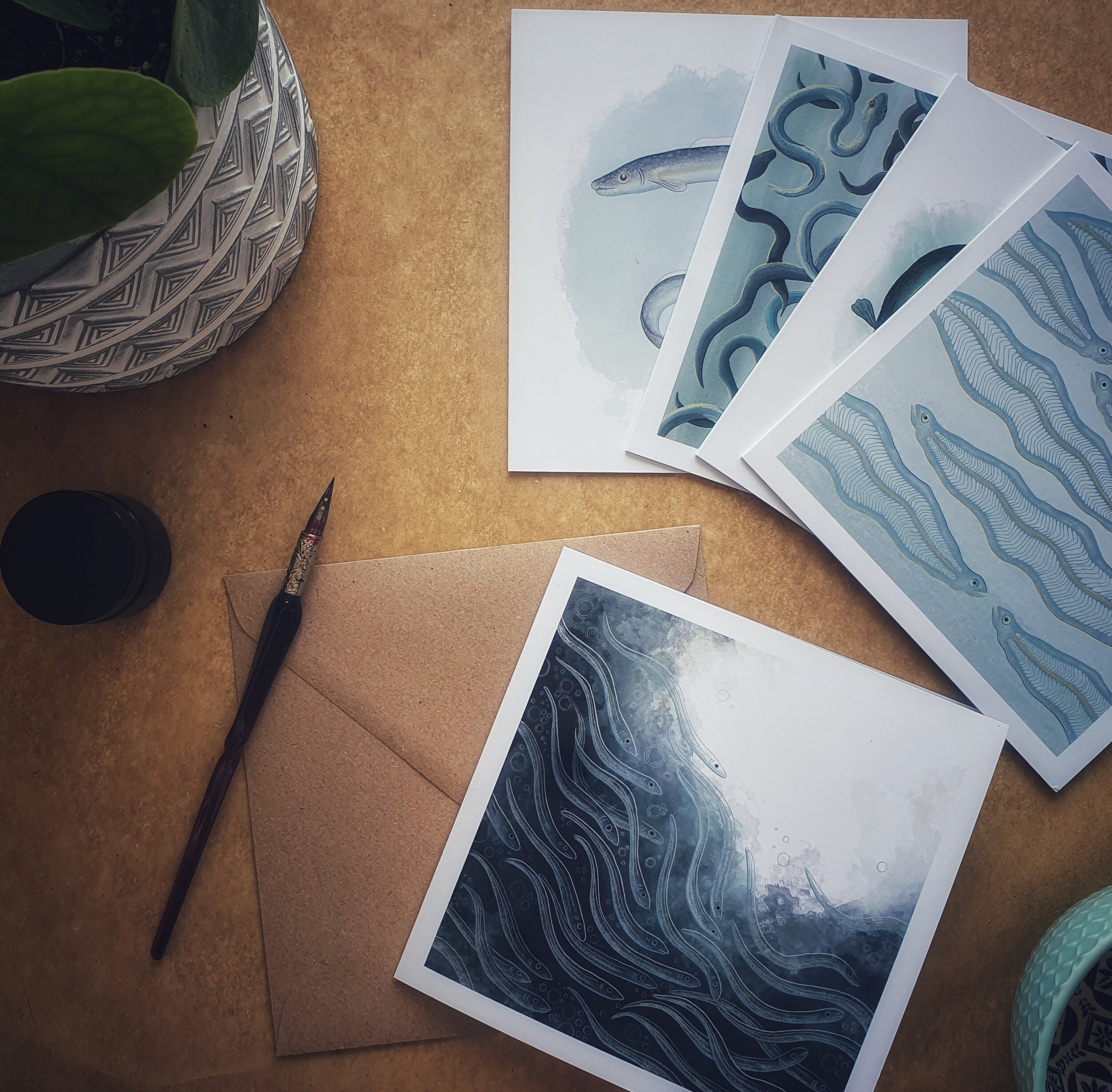 A greetings card with a brown envelope with a pen laying on a desk. Other similar cards depicting eels lay on the desk along with a pot plant.