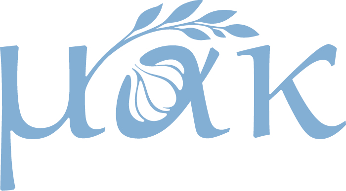 A logo with "MAK' in blue, featuring a stylized leaf and garlic bulb design in the center.
