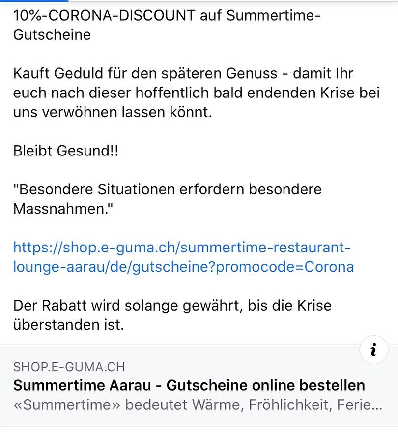 In dieser schweren Zeit sind wir auf Unterst&uuml;tzung angewiesen, helfen Sie uns, indem Sie eine Portion Geduld mit Genuss bei uns kaufen. Link auch in Bio. https://shop.e-guma.ch/summertime-restaurant-lounge-aarau/de/gutscheine?promocode=Corona