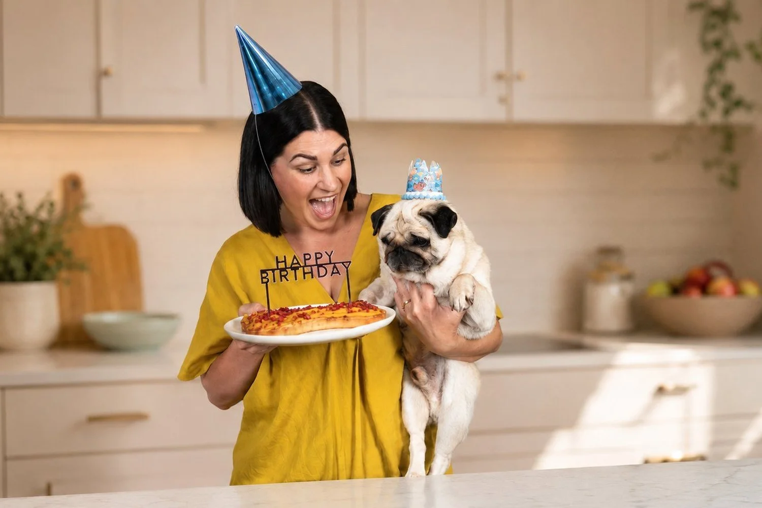 Woman holding a homemade dog birthday cake beside a pug wearing a party hat in a bright kitchen