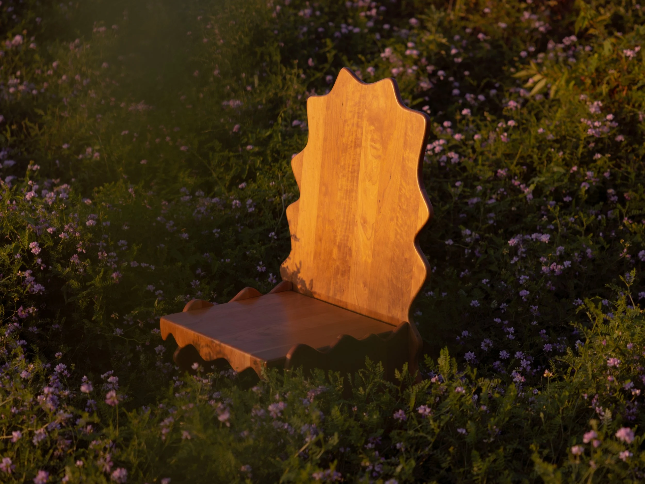 Wooden chair on a bed of small purple flowers in an outdoor setting during sunset or sunrise.