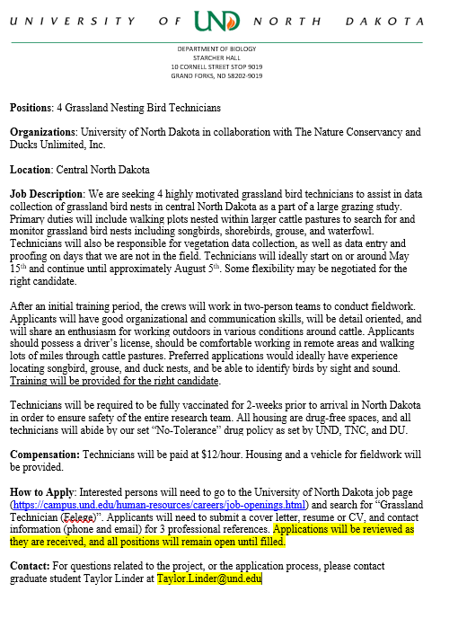 JOB ANNOUNCEMENT: 4 Grassland Nesting Bird Technicians
