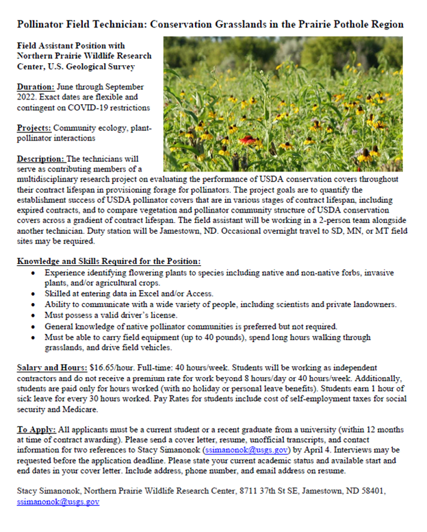JOB ANNOUNCEMENT: Pollinator Field Technician