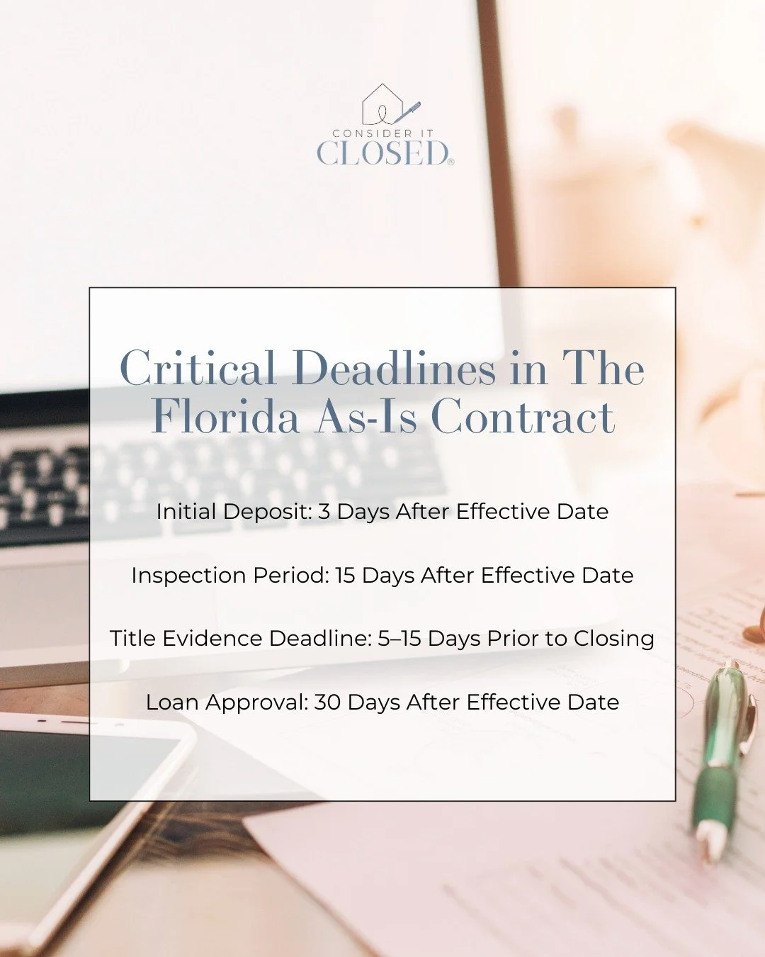 Staying ahead of deadlines is critical in real estate transactions. Missing even one milestone can quickly put a transaction (and the buyer's binder deposit) at risk and create unnecessary stress for agents and clients.

From the initial deposit to l