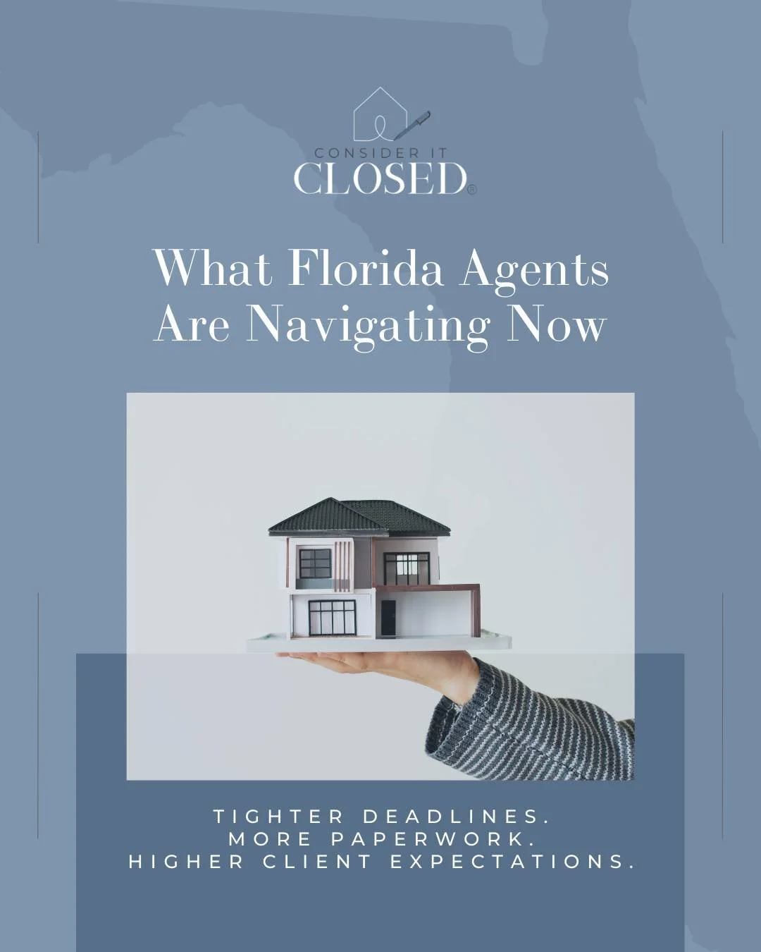 Florida deals today mean tighter inspection periods, more condo and insurance questions, and higher client expectations than ever.

At Consider It Closed, our TC team tracks deadlines, gathers required documents (including HOA and condo docs), manage