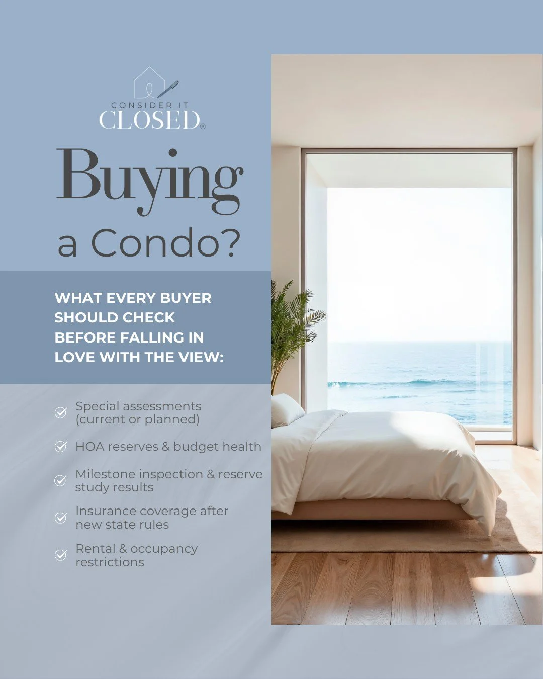 Florida condo transactions often involve extra reviews&mdash;assessments, reserves, insurance coverage, and HOA rules that can affect financing, timelines, and long-term value.

Our team helps agents gather condo documents early, track review deadlin