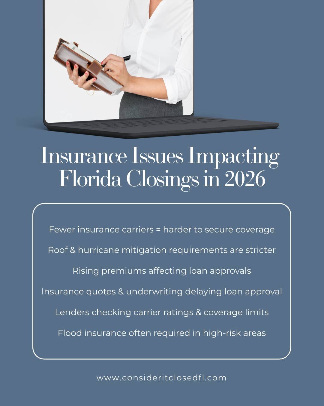 Insurance is now one of the biggest reasons Florida deals get delayed. Quotes taking longer, stricter underwriter requirements, carrier restrictions, and higher premiums can all affect loan approval and closing timelines.

Our team helps flag insuran