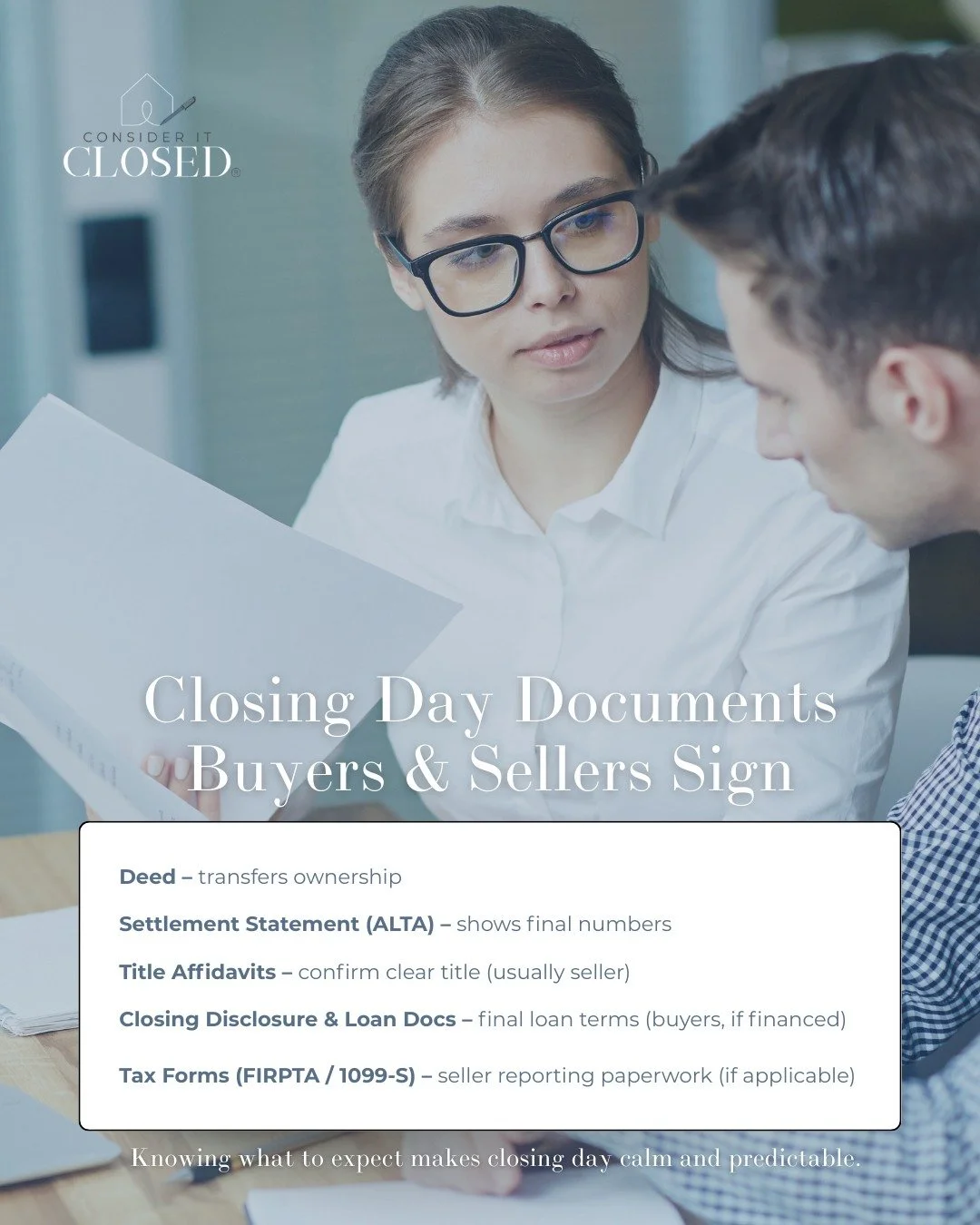 Closing day involves several key documents that officially complete the transaction. From the deed transfer to the settlement statement and title confirmation, each document plays a critical role in finalizing the sale.

Most of this paperwork is pre