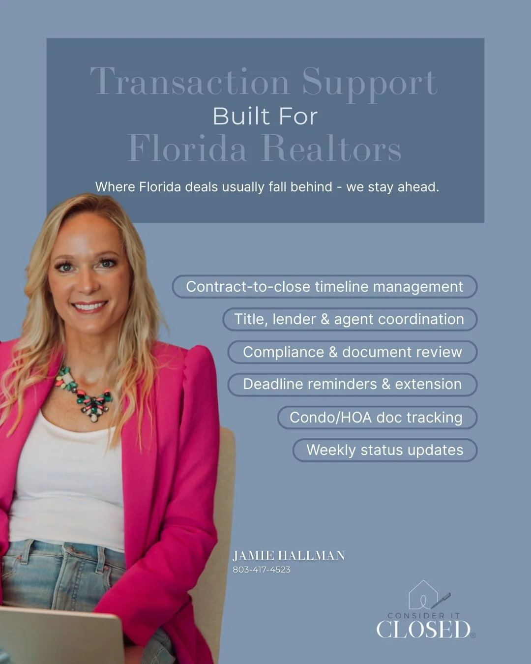 As your real estate business grows, keeping track of inspection deadlines, condo documents, title issues, and compliance requirements gets harder to manage alone.

Our team handles the behind-the-scenes coordination&mdash;tracking contract timelines,