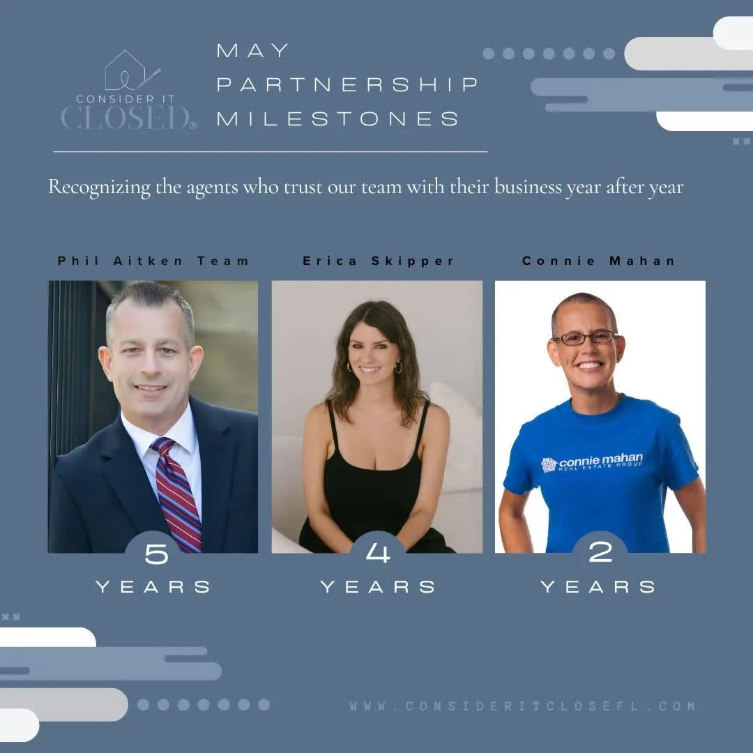 May brings another round of partnership milestones, and we're proud to recognize the agents and teams who continue to trust our team with their transactions across Florida.

Strong partnerships in this business are built over time through consistency