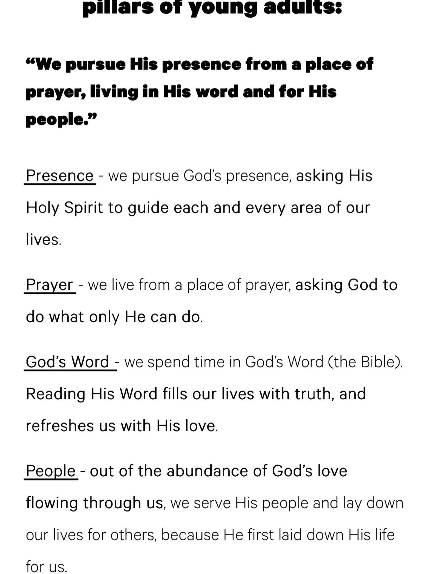 &ldquo;We pursue His presence from a place of prayer, living in His word and for His people.&rdquo;

Matthew 6:9&nbsp;&ldquo;This, then, is how you should pray:
&ldquo;Our Father&nbsp;in heaven, hallowed be your name,
10 your kingdom&nbsp;come, your 