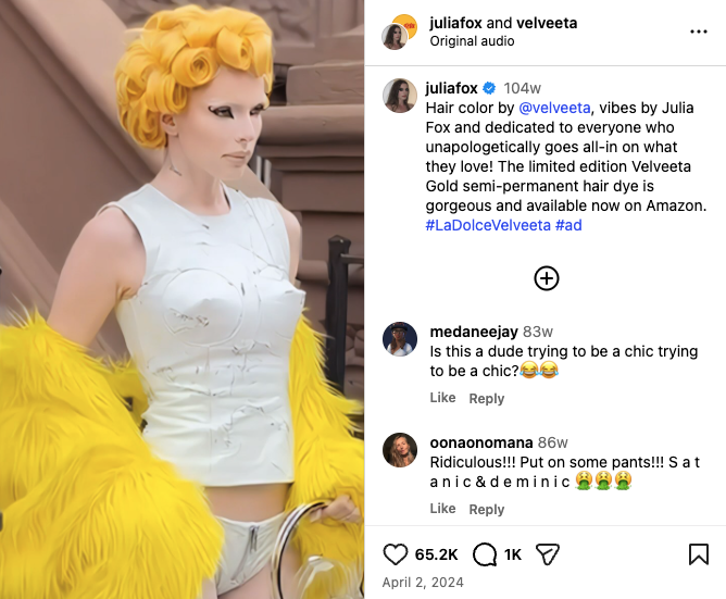Julia Fox with bright yellow hair in Instagram post for joint Velveeta April Fool's PR Stunt