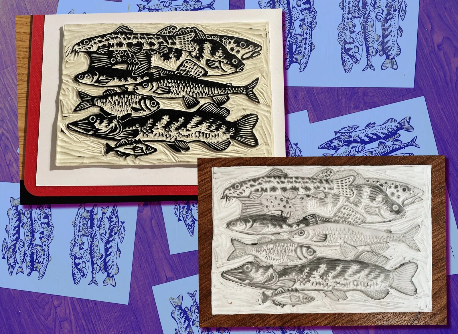 Not a trip related post for a change! Had a flow state day of lino cutting and printing a lot of freshwater fish
A truly DIY set up using a plastic bag, chopping board and an empty Orangina bottle (also somehow using a ramekin and rolling pin to prop
