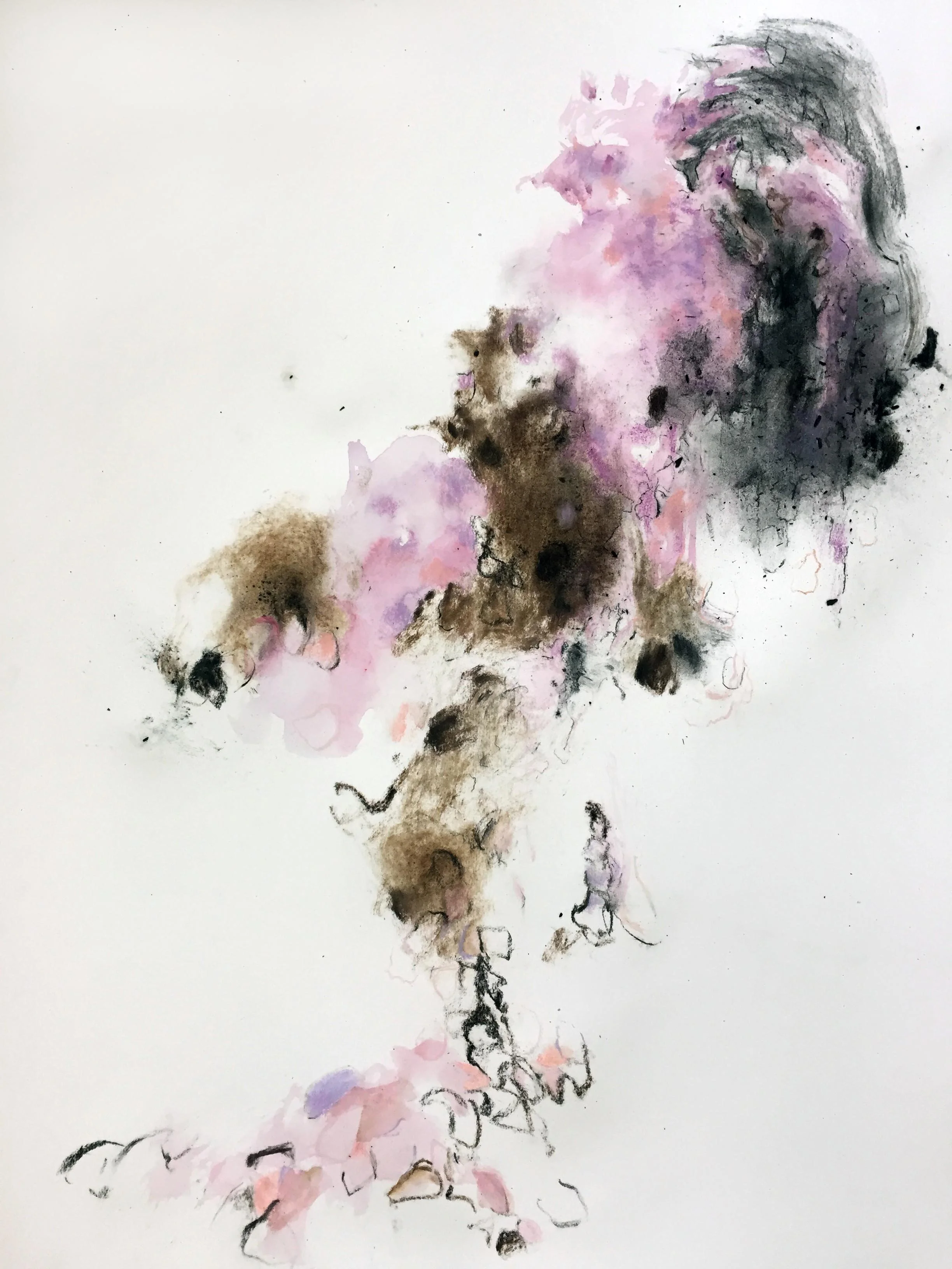 Title: Burn Out 7, 2020.
Medium: Charred wood charcoal , coloured chalk, and watercolour on paper.
Dimensions: 22"x30"