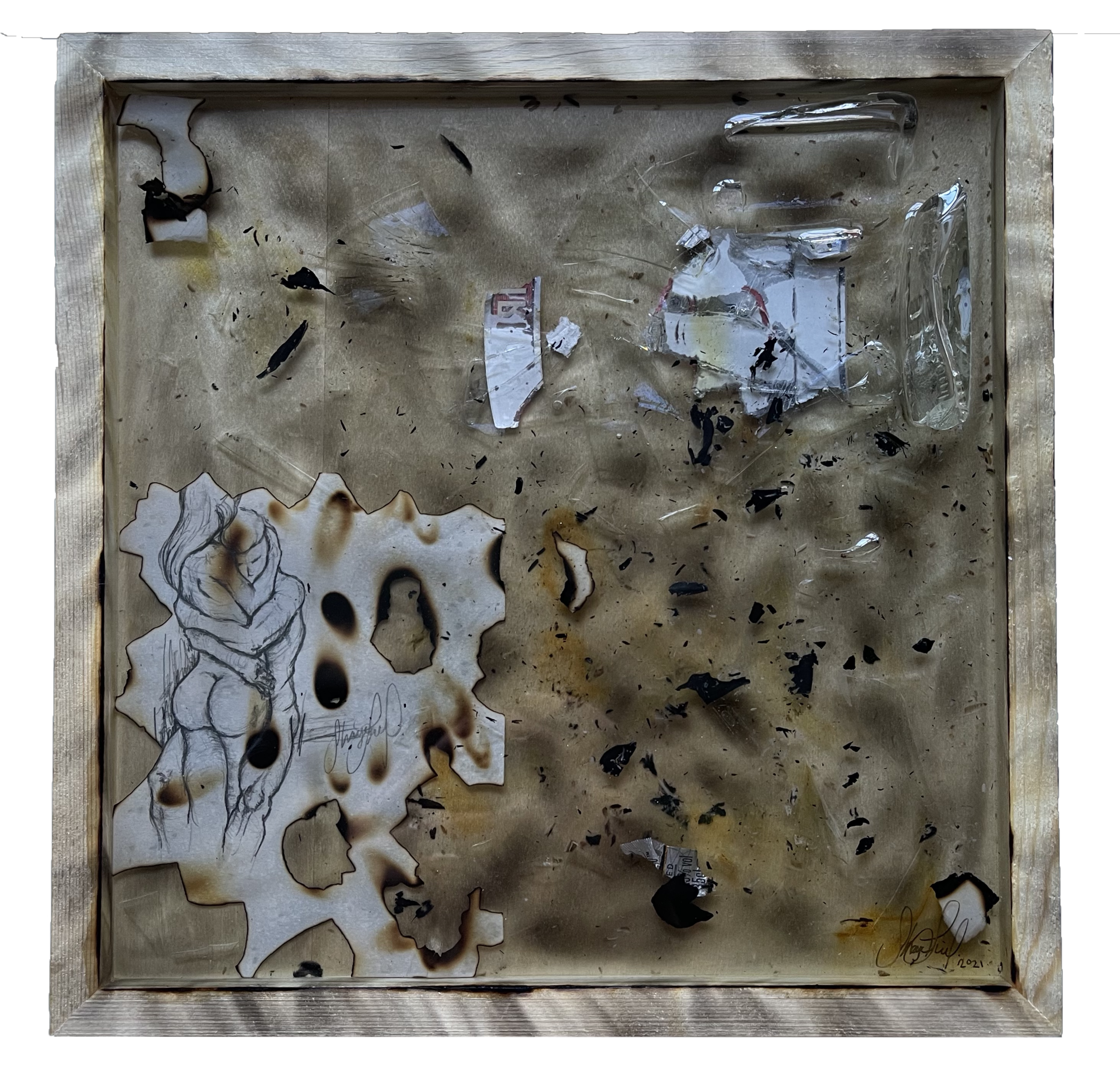 "release", 2021, 12x12", paper, ink burned bits, shattered glass in resin 