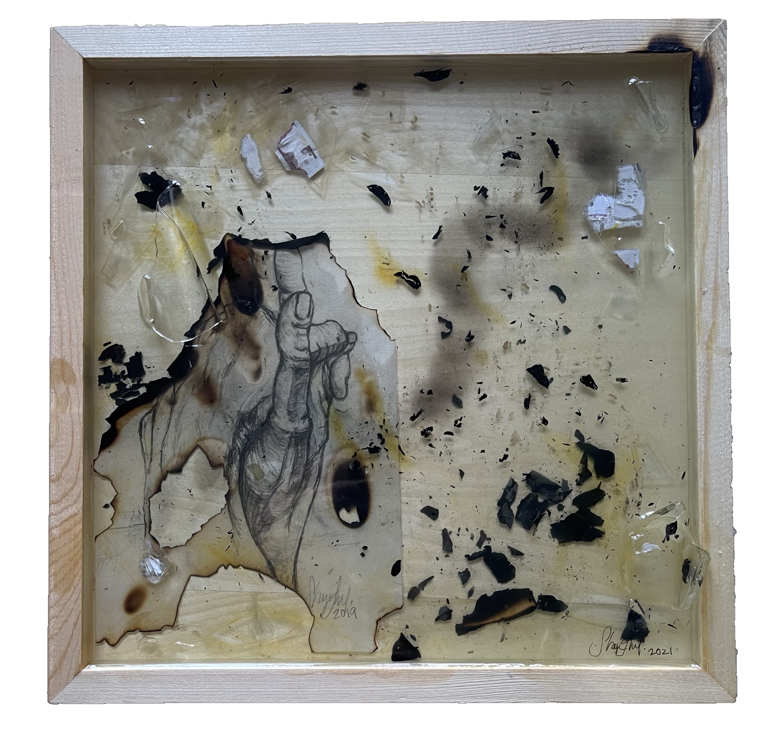 "hold tight", 2021, 12x12", paper, ink burned bits, shattered glass in resin 