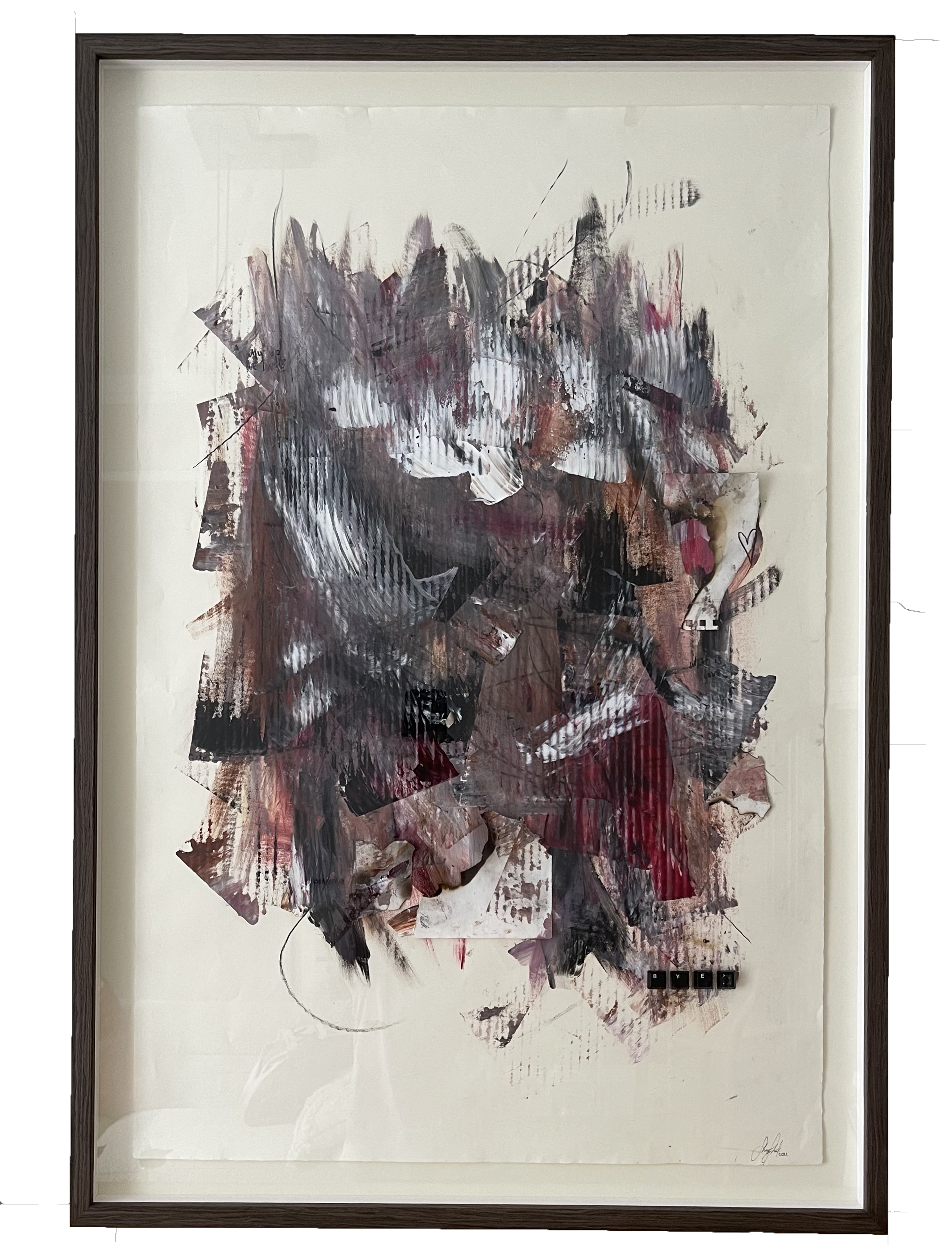 SOLD
"bye.", 35x45" framed, oil paint, charcoal, graphite, computer keys and burned paper on BFK rives special made paper