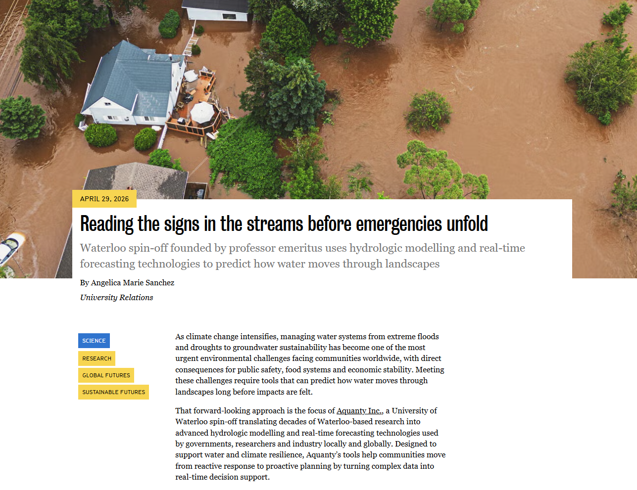 Aquanty Featured in University of Waterloo News: Reading the signs in the streams before emergencies unfold