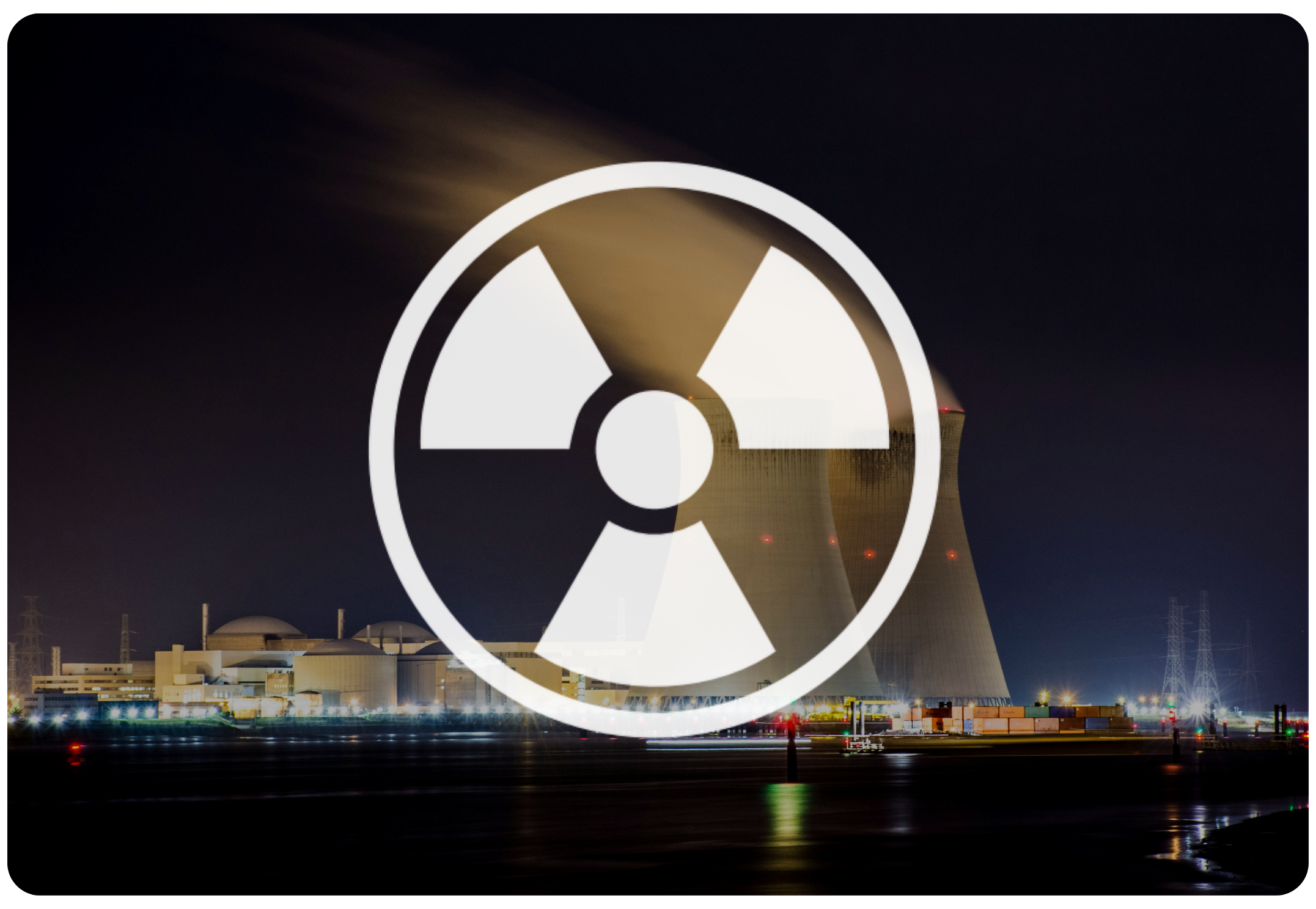 A cooling tower emitting steam at dusk with a large radiation warning symbol overlaid.