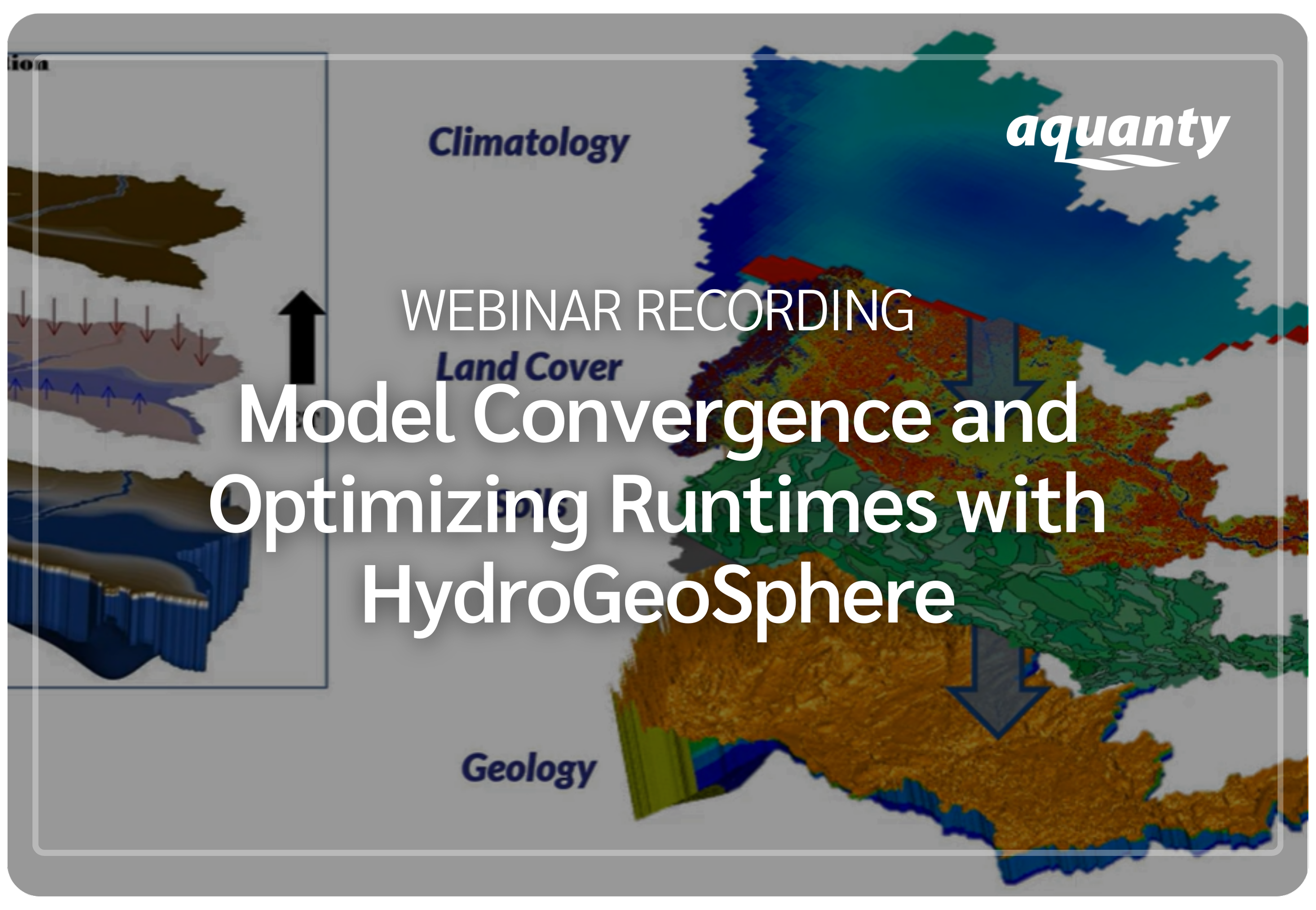 A digital topographic map with green landmasses, blue river channels, and yellow-brown terrain outlines, overlaid with a white gear icon containing a water droplet and a hand.