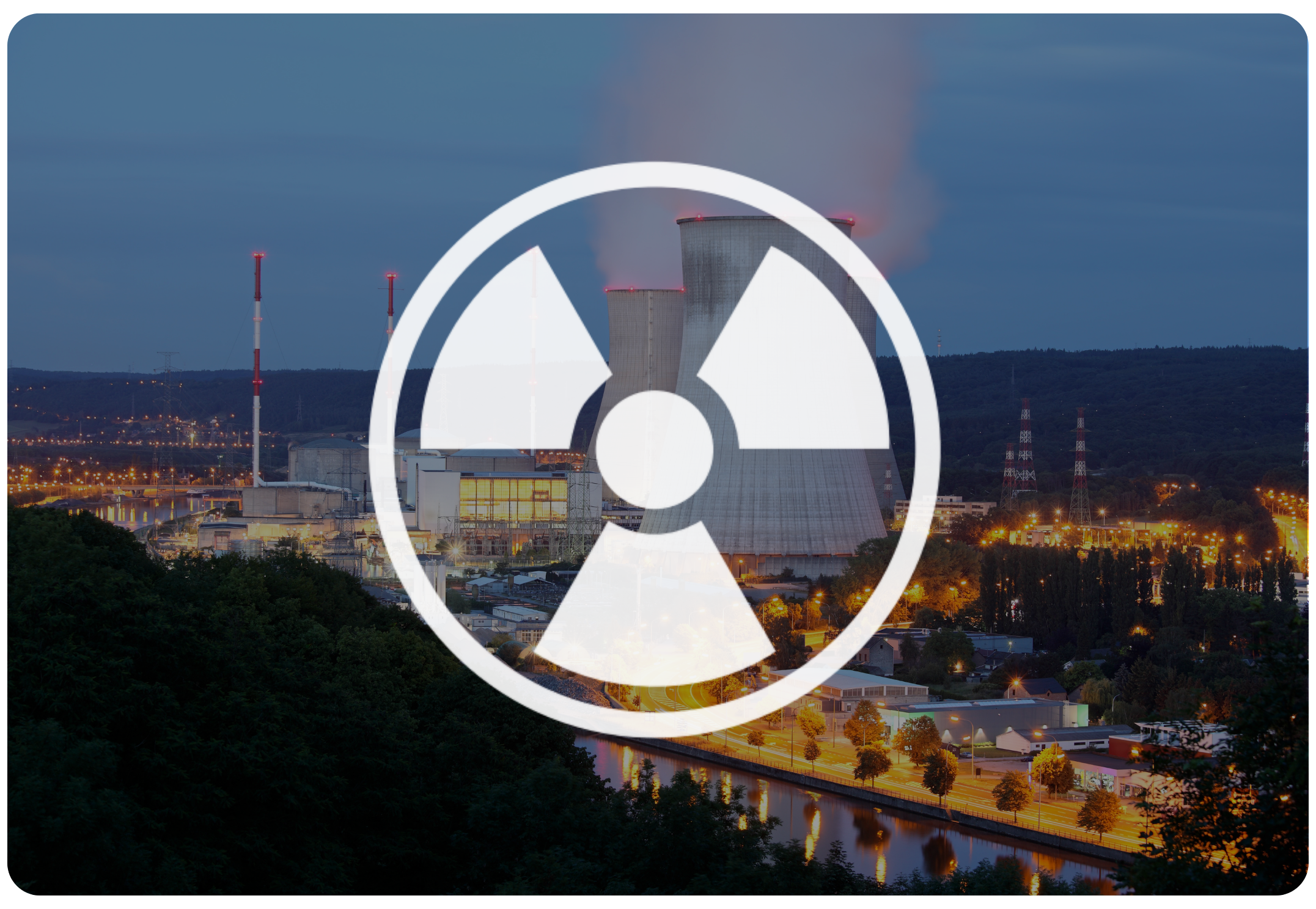 A cooling tower emitting steam at dusk with a large radiation warning symbol overlaid.