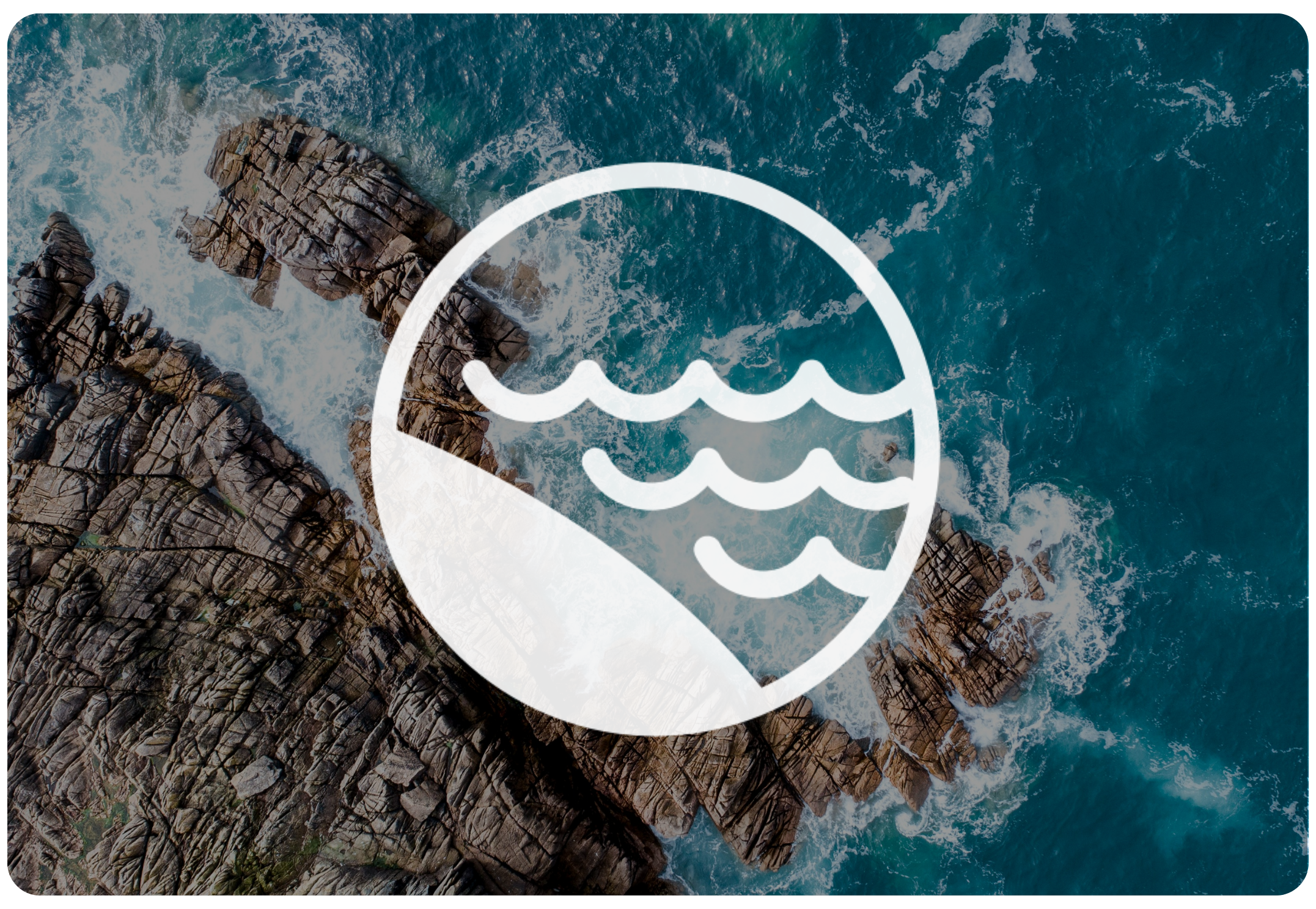 An aerial view of a coastal landscape with sandy beaches, grassy patches, and blue ocean waves, with a white overlay icon of a wave inside a circle.