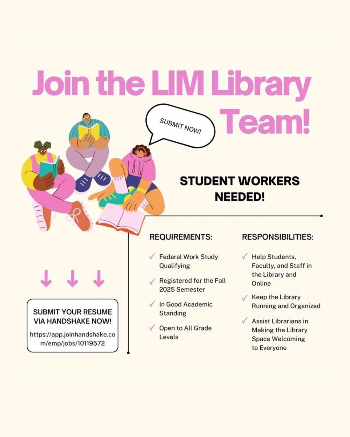 The Library is looking for a new student worker for the full 25-26 academic year.

You must be work study qualifying, be in good academic standing and currently registered for your Fall classes to be eligible for this position. 

Have questions? Emai