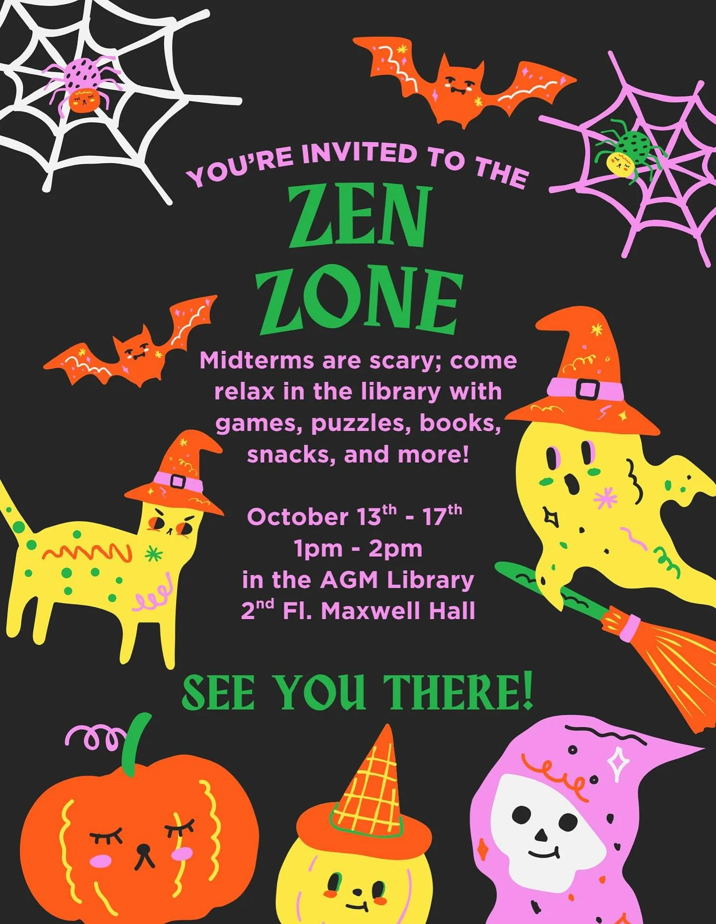 The LIM College Adrian G. Marcuse Library & Counseling Services are partnering up for Zen Zone during Midterms Week. Stop by the Library from 1-2pm the week of October 13-16 and let some steam off. There will be treats, games, coloring, and more!