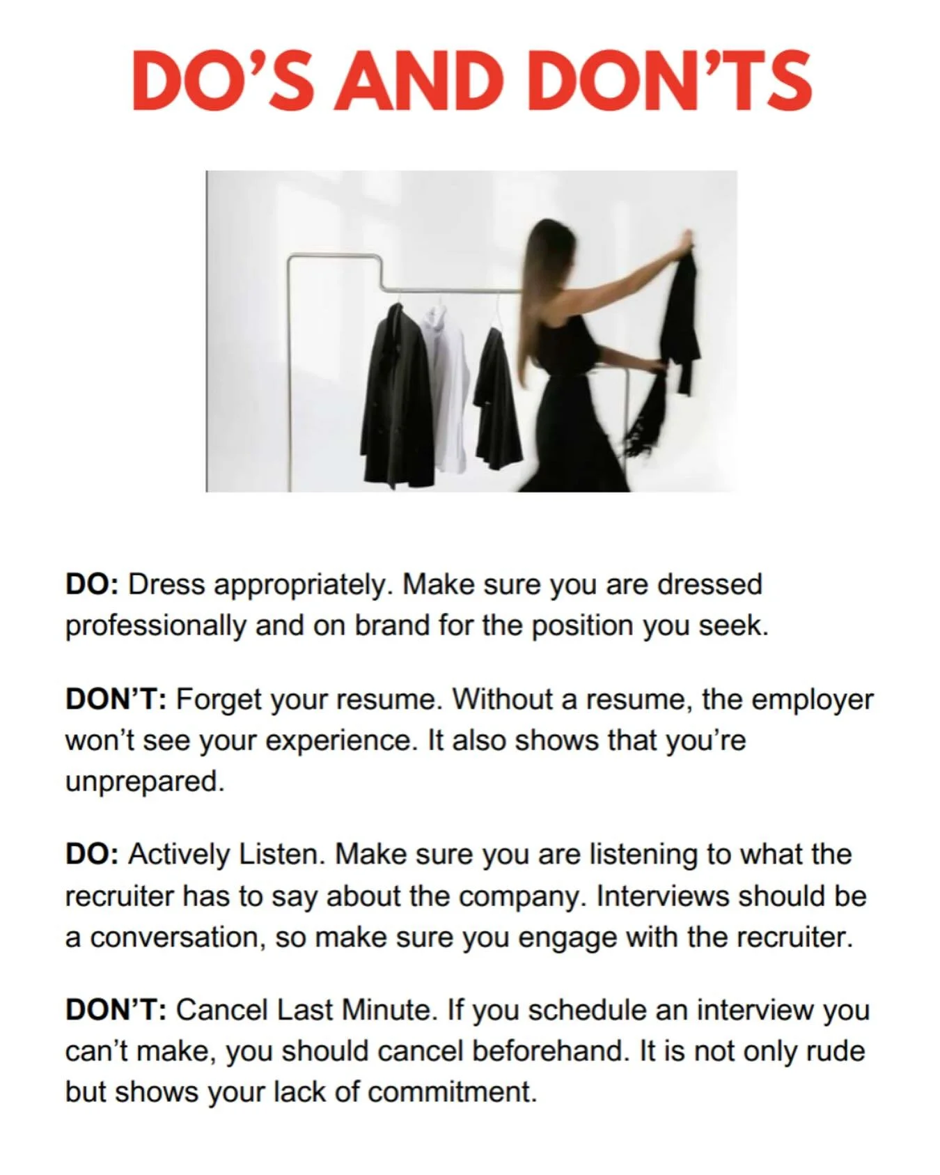Tomorrow is our in-person Career Fair! 
Here are some dos and don’ts to help you have a successful day!
