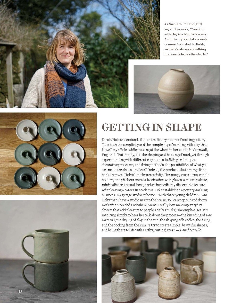 A woman outdoors with pottery and text about pottery making.